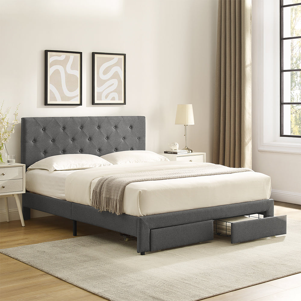 Full Size Storage Bed Linen Upholstered Platform Bed with a 2 Drawers (Grey)