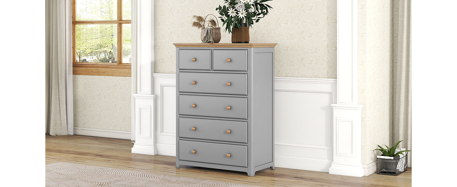 Rustic Wooden Chest with 6 Drawers,Storage Cabinet for Bedroom,Gray+Natrual