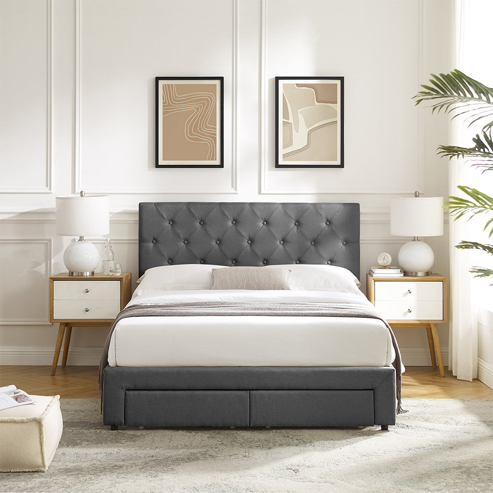 Full Size Storage Bed Linen Upholstered Platform Bed with a 2 Drawers (Grey)