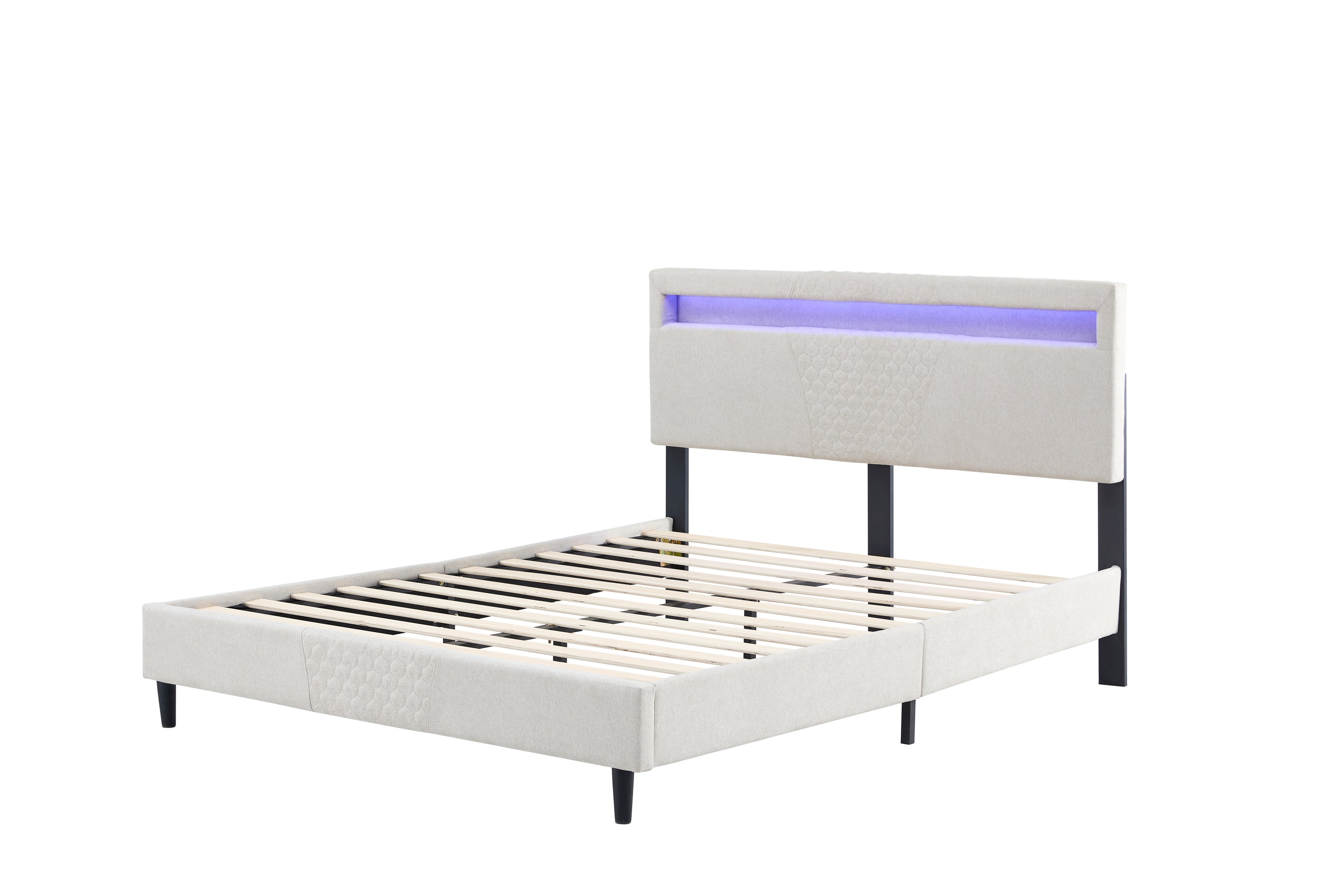 King Size Bed Frame, Modern Upholstered Platform Bed Frame with LED Lights and Height Adjustable Headboard, No Box Spring Needed/Easy Assembly/Pack in 1-Box/Noise-Free (Off white, King)