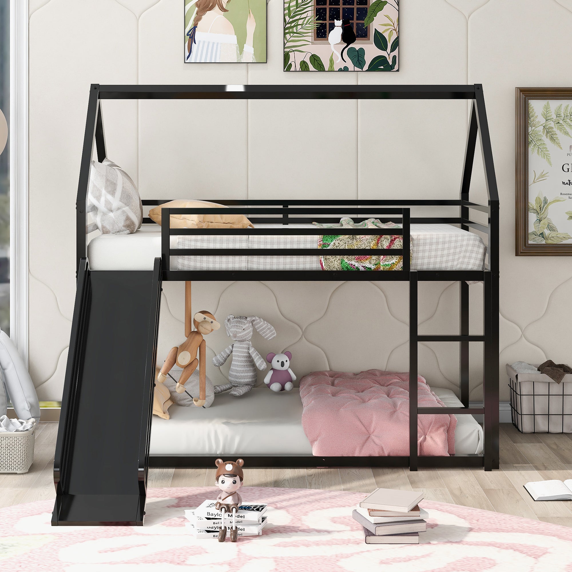 Twin over Twin House Bunk Bed with Ladder and Slide,Black