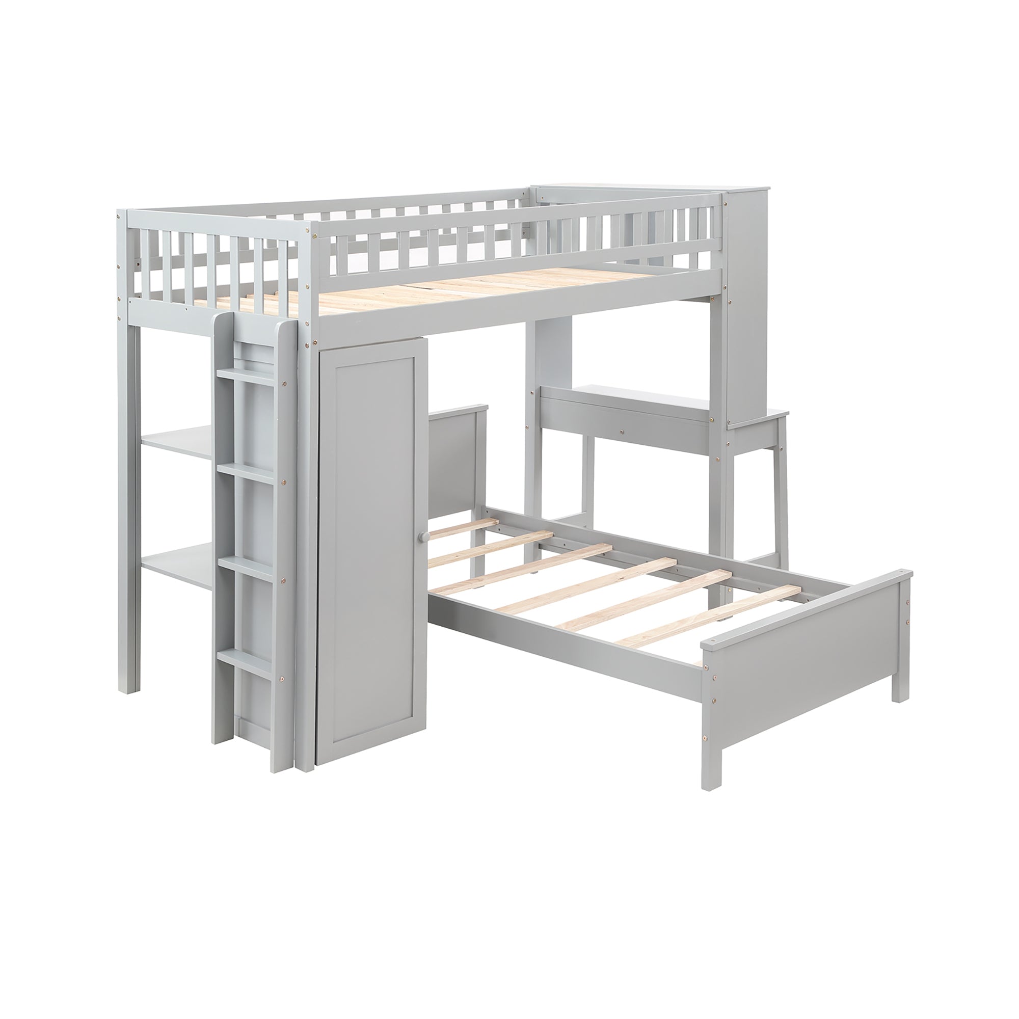 Twin Size Loft Bed with Closet and Desk, Extra Bottom Twin Bed, Grey