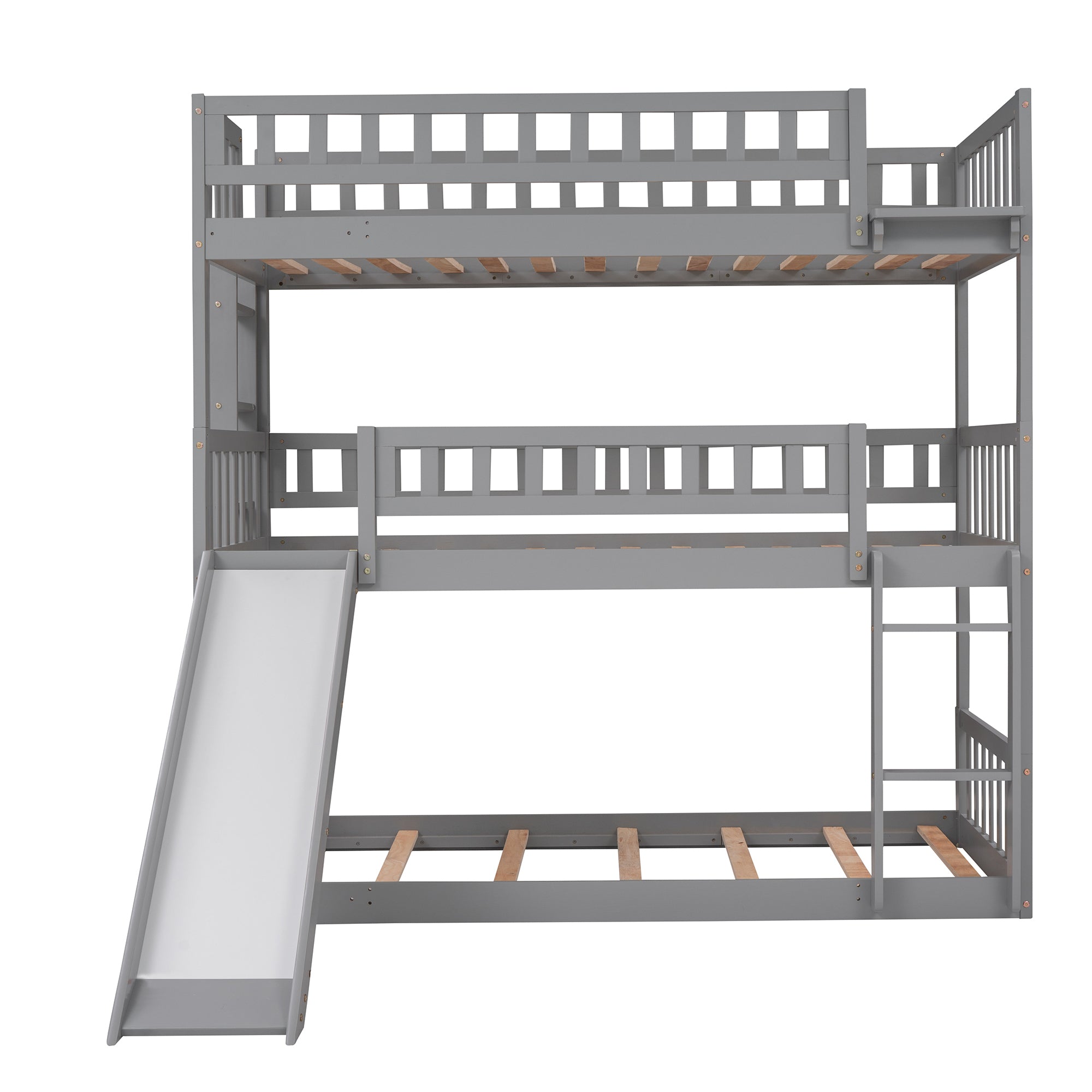 Twin-Over-Twin-Over-Twin Triple Bed with Built-in Ladder and Slide, Triple Bunk Bed with Guardrails, Gray(OLD SKU: LP000051AAE)