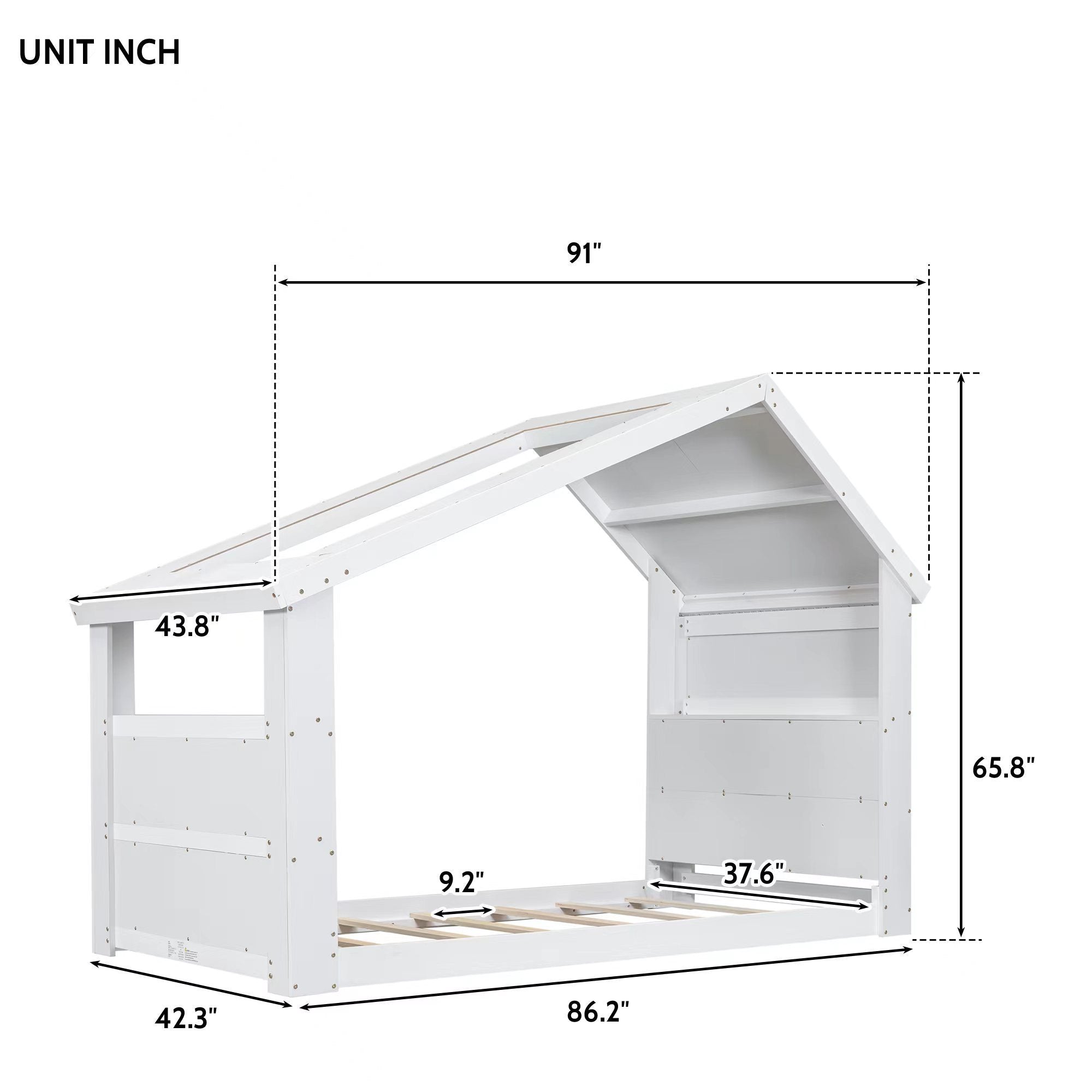 Twin House Floor Bed with Roof Window, LED Light,White