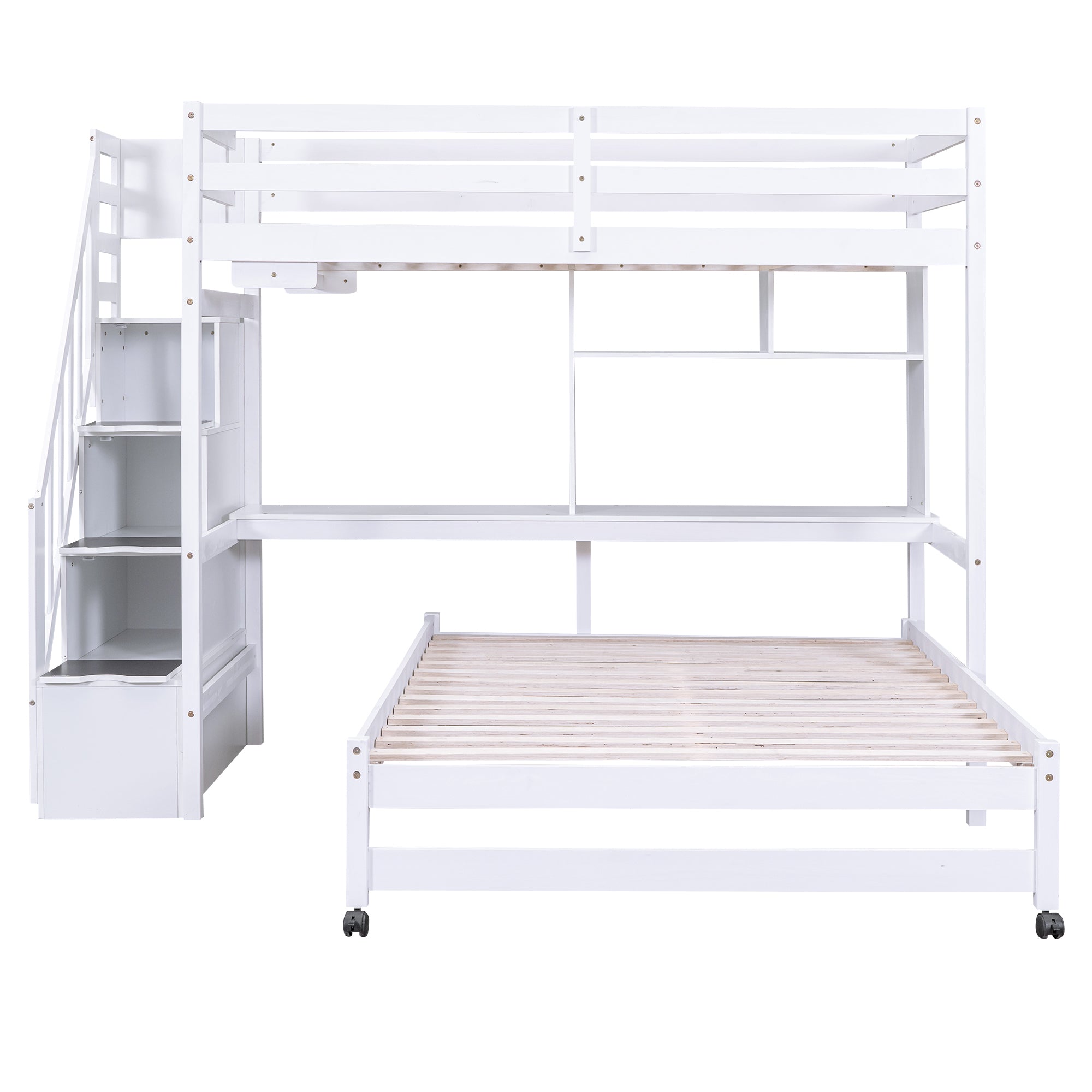 Twin over Full Bunk Bed with Storage Staircase, Desk, Shelves and Hanger for Clothes, White