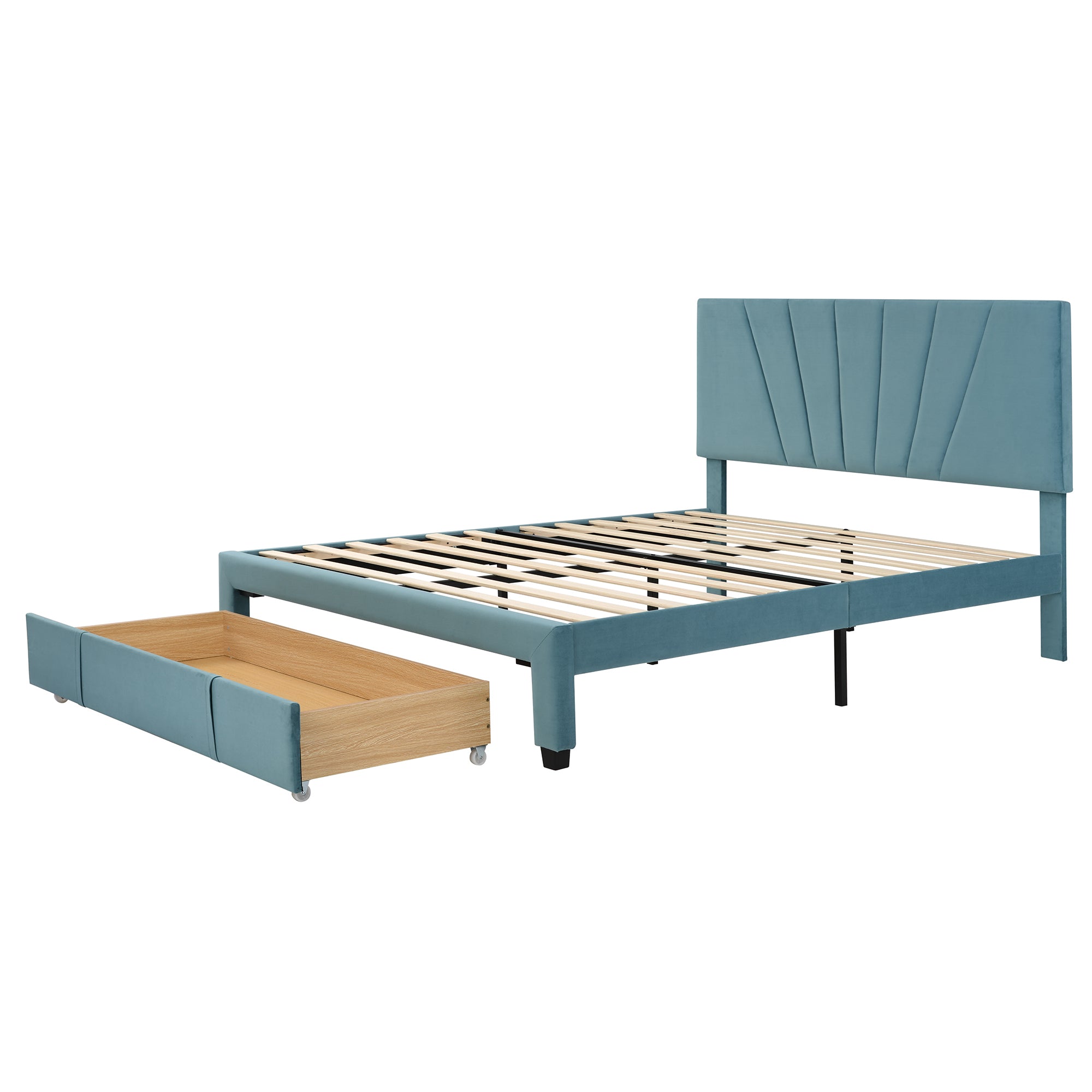 Queen Size Storage Bed Velvet Upholstered Platform Bed with a Big Drawer - Blue