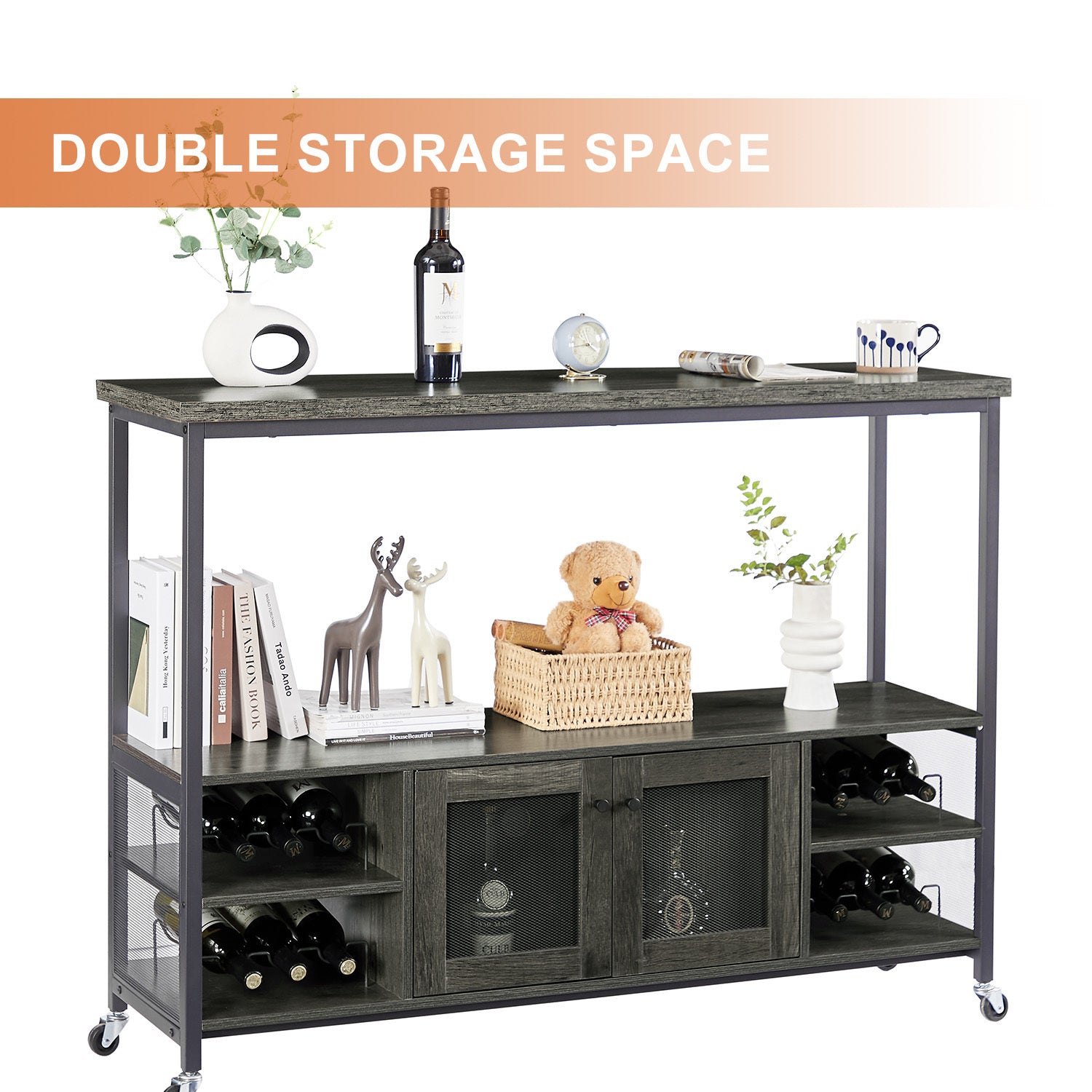 Wine shelf table, modern wine bar cabinet, console table, bar table, TV cabinet, sideboard with storage compartment, can be used in living room, dining room, kitchen, entryway, hallway.Dark Grey.