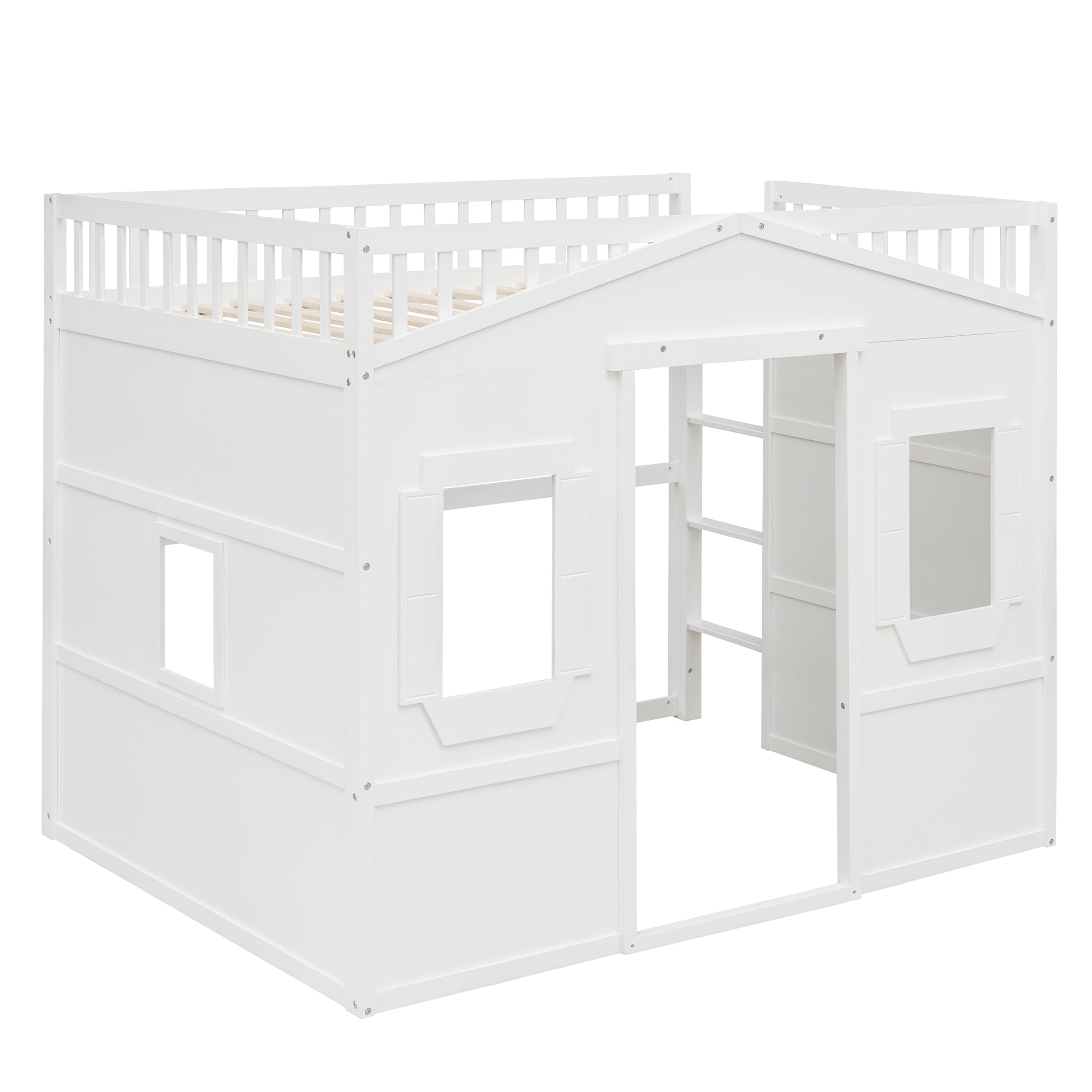 Full Size House Loft Bed With Ladder-White