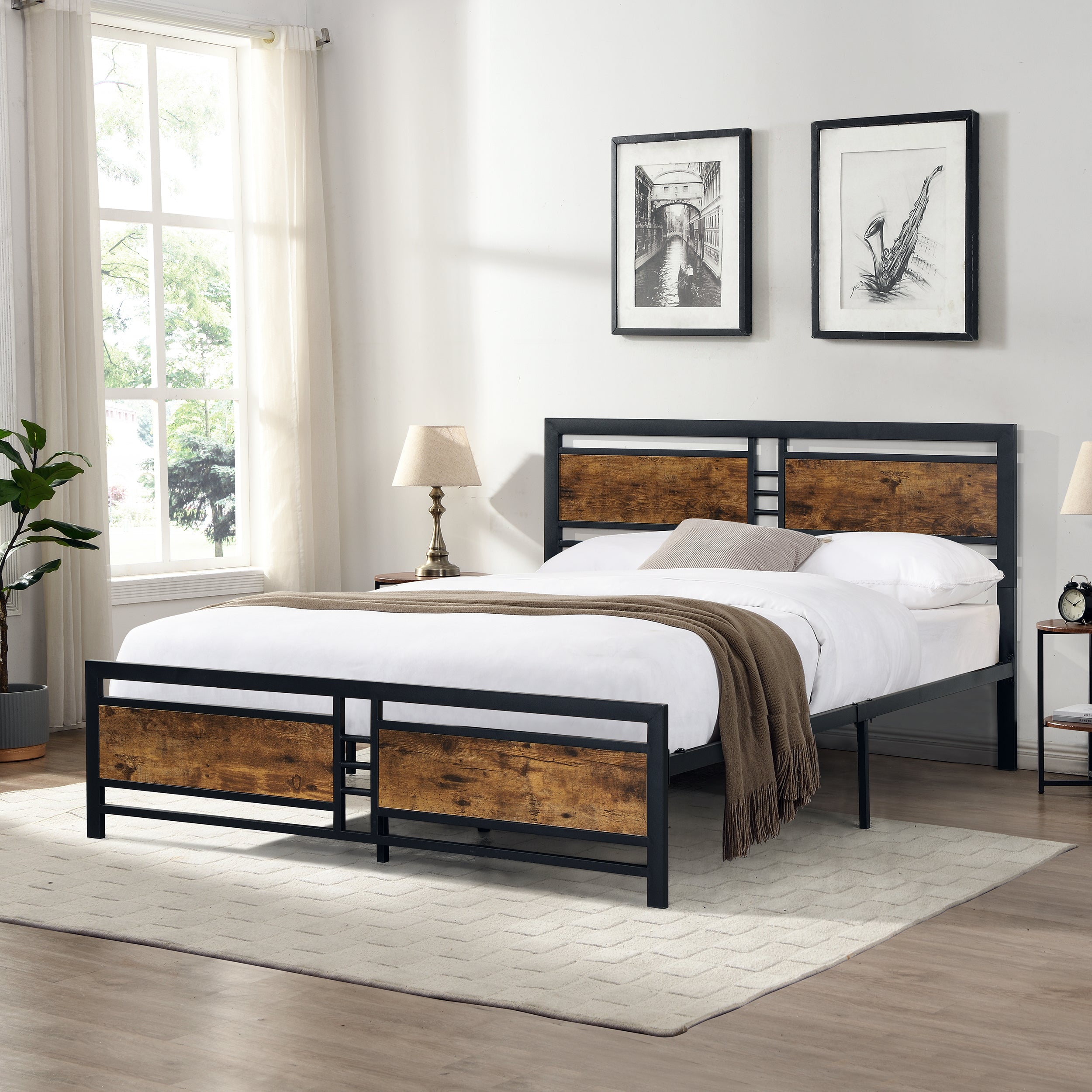 Full Size Metal Platform Bed Frame with Wood Headboard and Footboard, Heavy Duty Mattress Foundation with Slat Support, Easy Assembly, Noise-Free, No Box Spring Needed