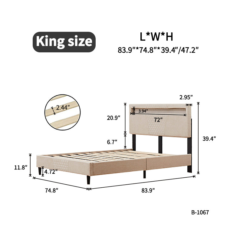 King Size Bed Frame, Modern Upholstered Platform Bed Frame with LED Lights and Height Adjustable Headboard, No Box Spring Needed/Easy Assembly/Pack in 1-Box/Noise-Free (Off white, King)