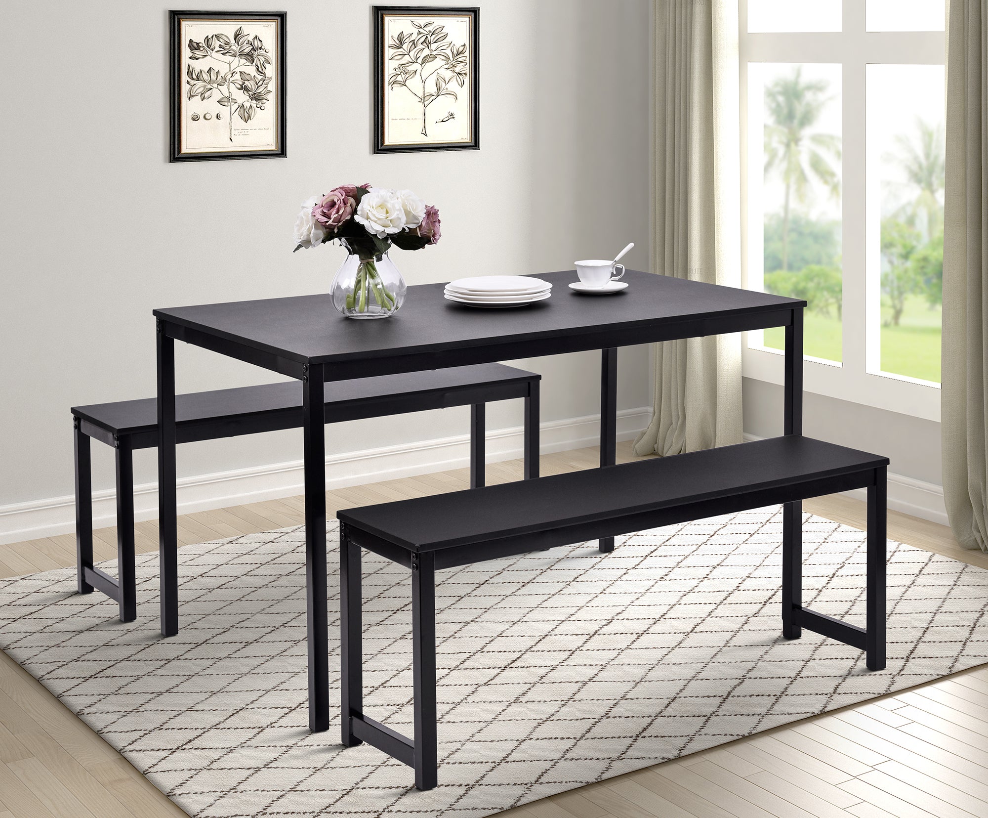 U_STYLE 3 Piece Dining set with Two benches, Modern Dining Room Furniture