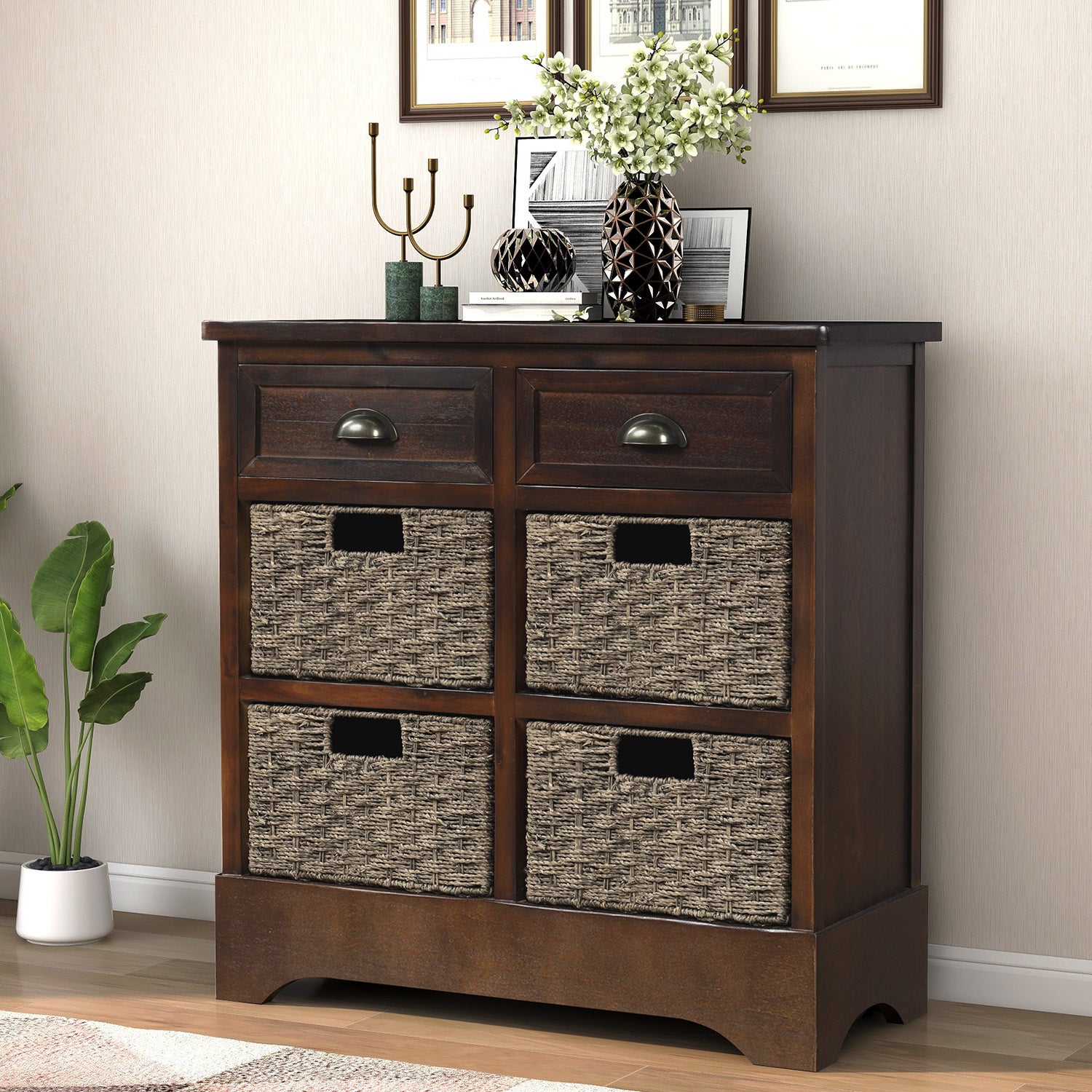 TREXM Rustic Storage Cabinet with Two Drawers and Four Classic Rattan Basket for Dining Room/Living Room (Espresso)