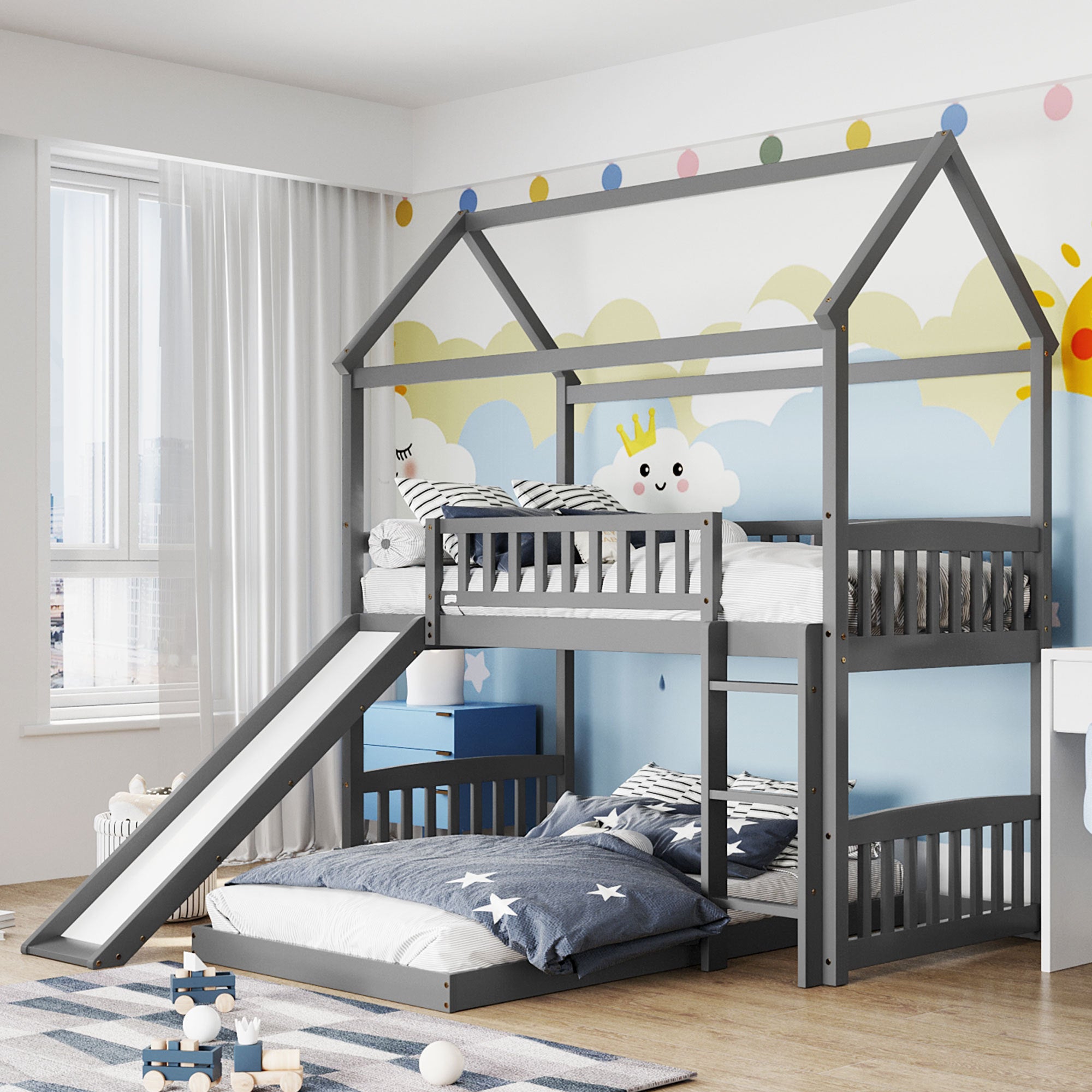 Twin Over Twin Bunk Bed with Slide, House Bed with Slide, Gray(OLD SKU: LT000214AAE)