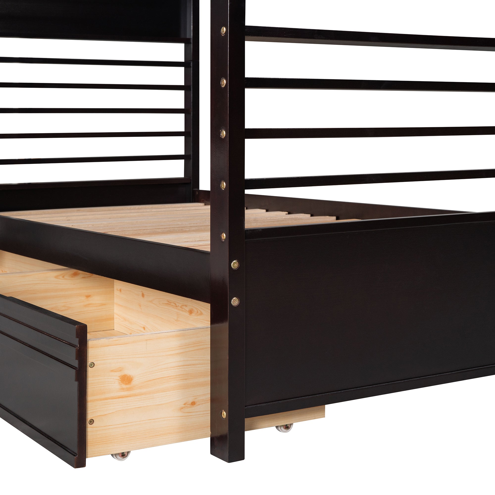 Twin over Twin Wood Bunk Bed with Two Drawers - Espresso·