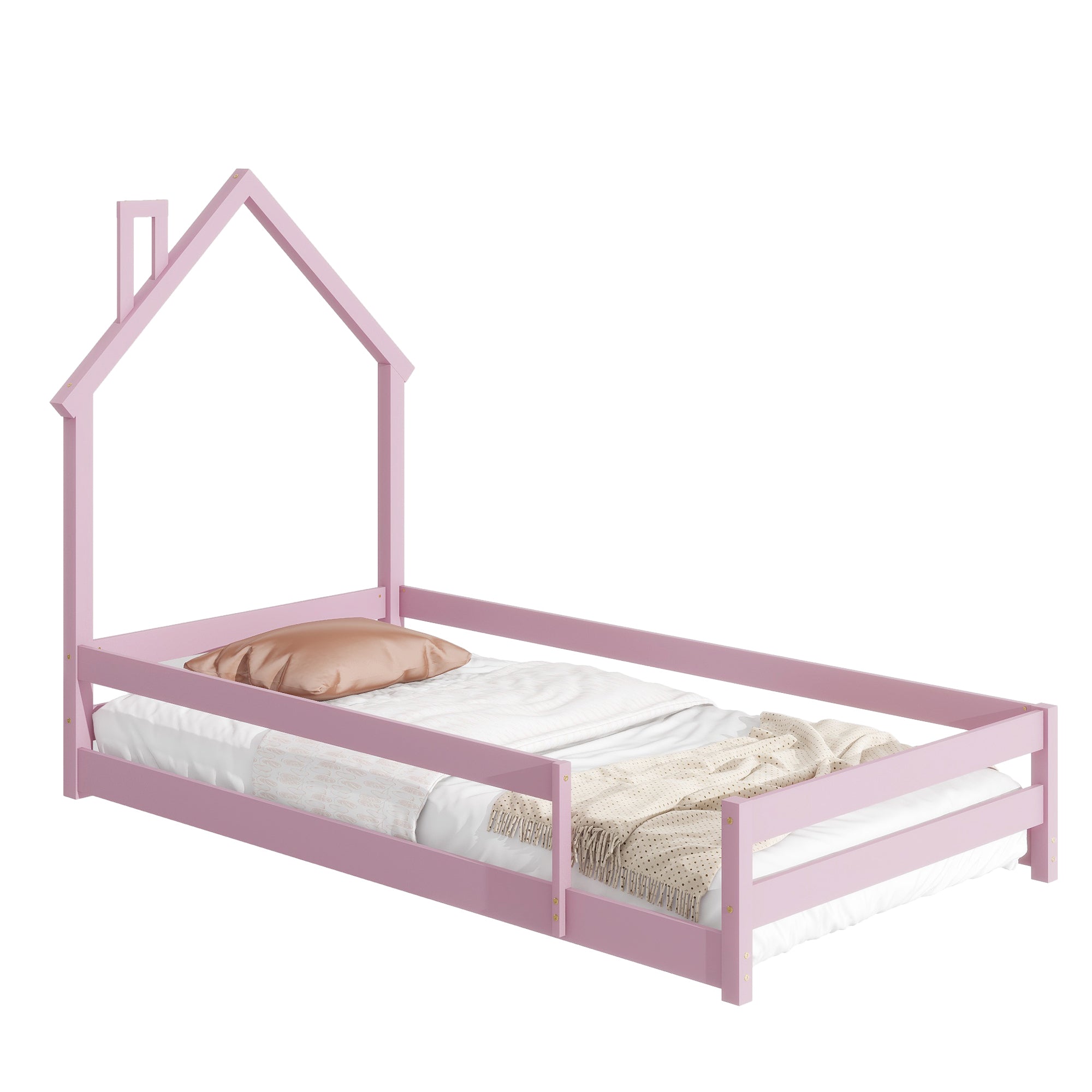 Twin Size Wood bed with House-shaped Headboard Floor bed with Fences,Pink