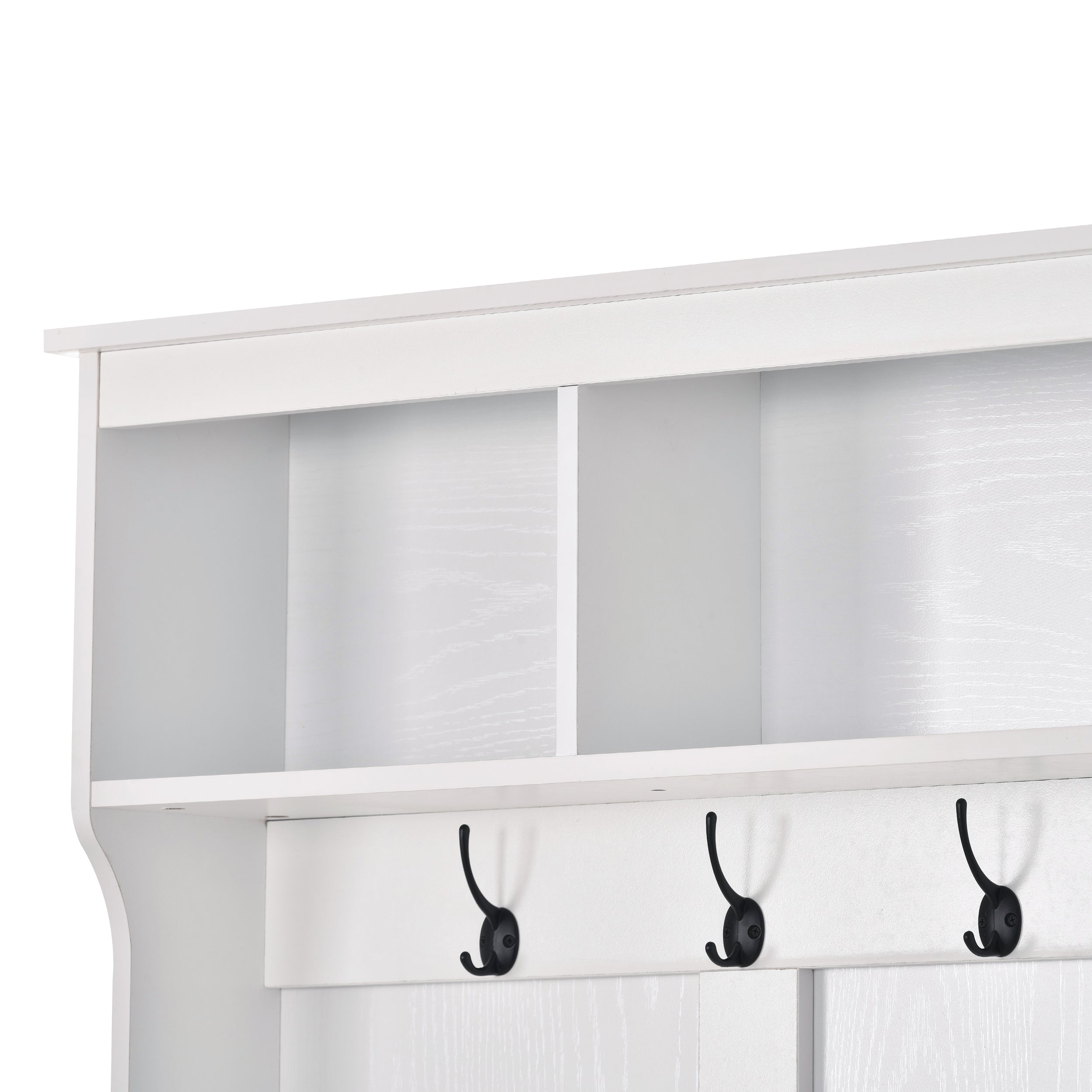 ON-TREND Modern Style Multiple Functions Hallway Coat Rack with Metal Black Hooks, Entryway Bench 60" Wide Hall Tree with Ample Storage Space and 24 Shoe Cubbies , White ( OLD SKU: WF286983AAK )