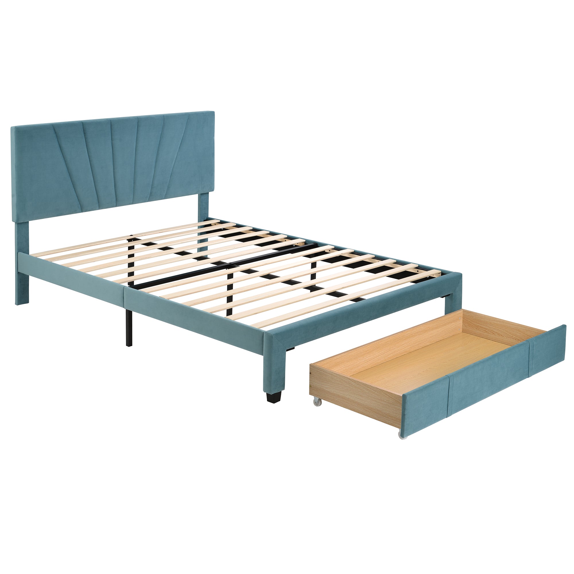 Queen Size Storage Bed Velvet Upholstered Platform Bed with a Big Drawer - Blue