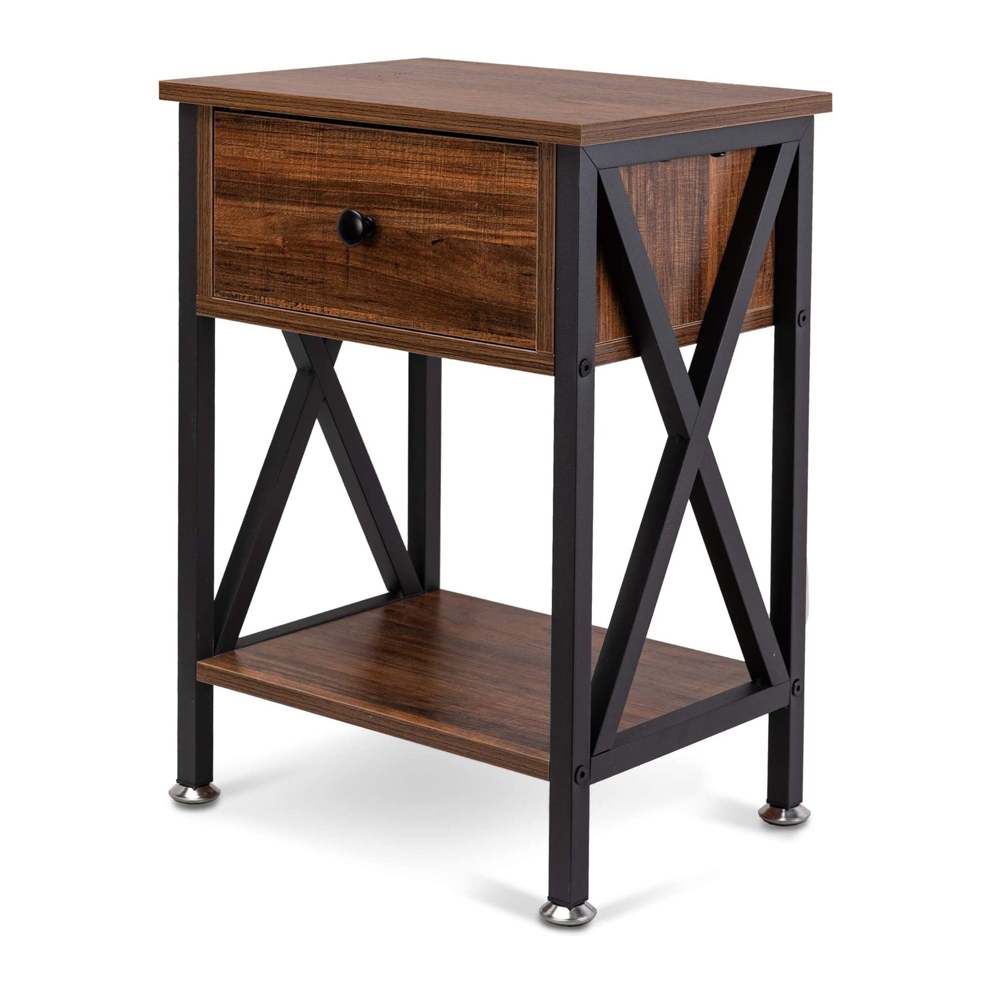 Nightstand with Drawer and Open Storage Shelves, Bedside End Table for Bedroom Living Room, Brown