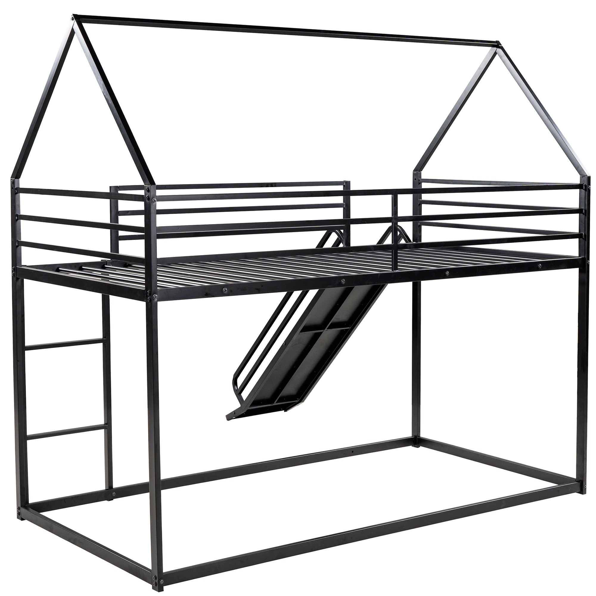 Twin over Twin House Bunk Bed with Ladder and Slide,Black