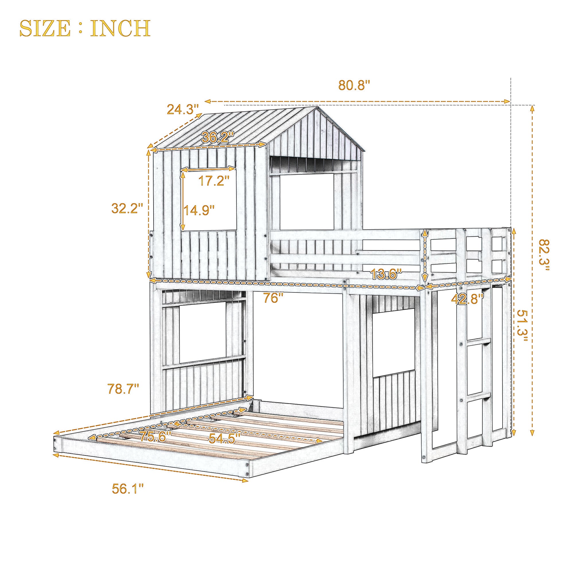 Wooden Twin Over Full Bunk Bed, Loft Bed with Playhouse, Farmhouse, Ladder and Guardrails, White( old sku: LT000027AAK )