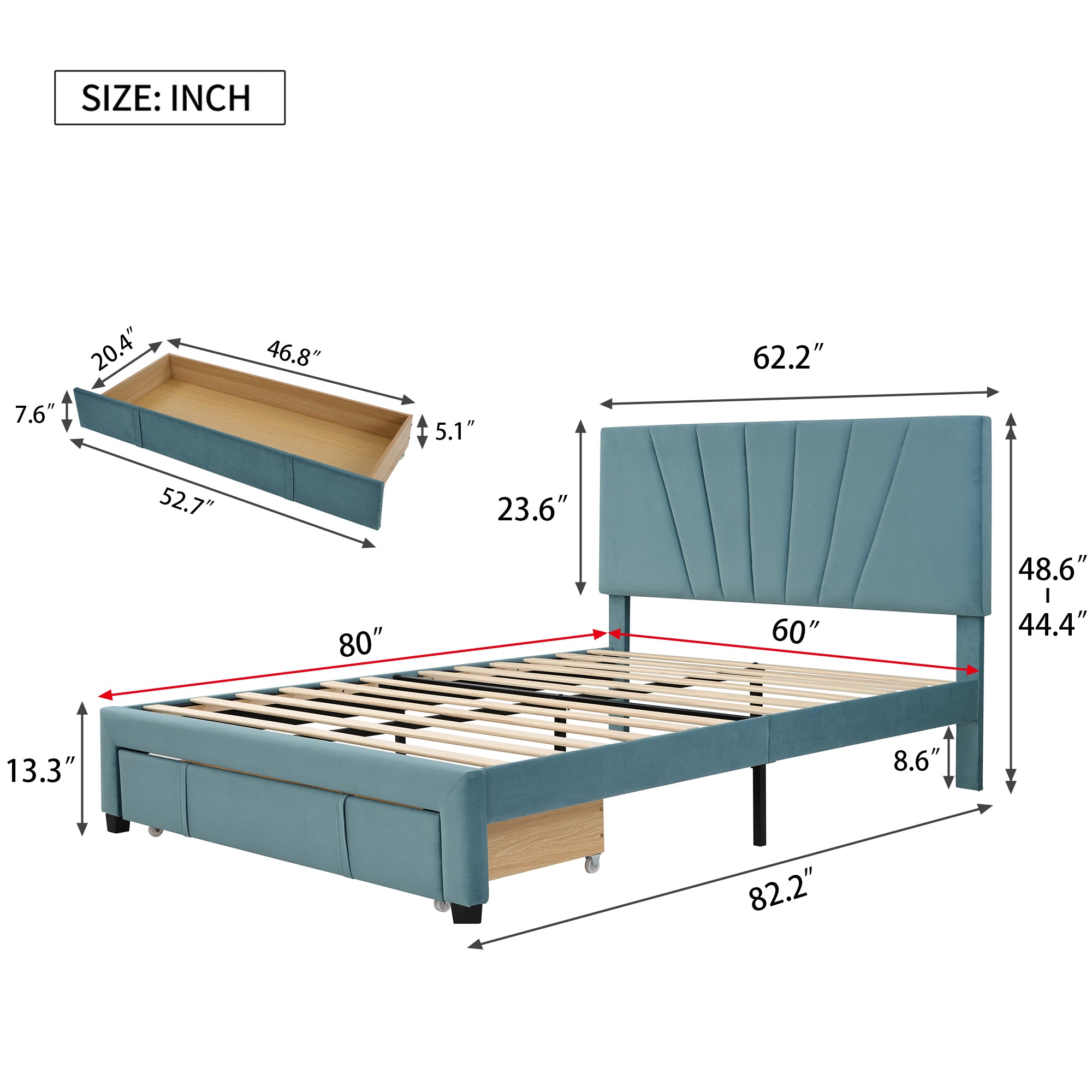 Queen Size Storage Bed Velvet Upholstered Platform Bed with a Big Drawer - Blue