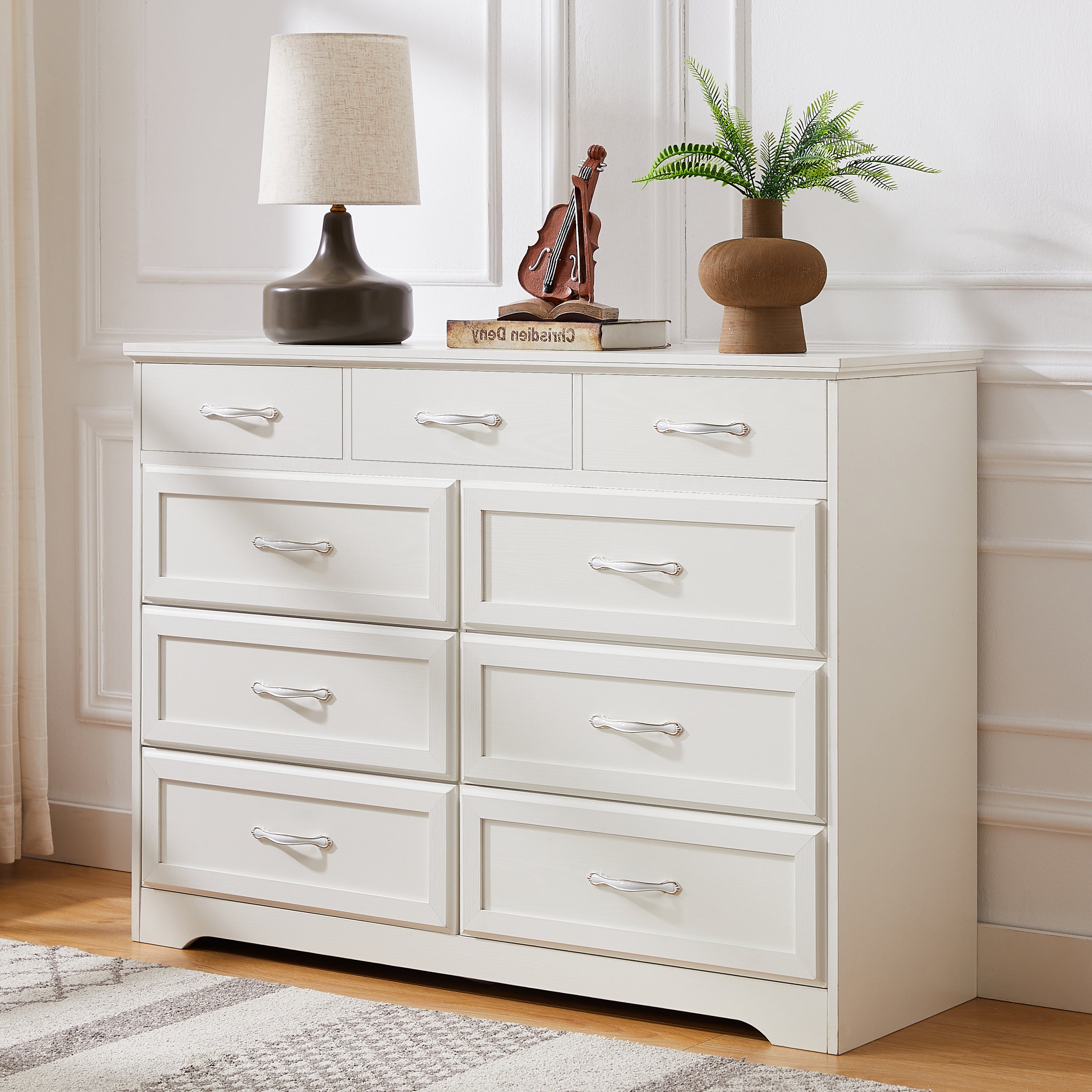 Bedroom dresser, 9 drawer long dresser with antique handles, wood chest of drawers for kids room, living room, entry and hallway, White, 47.2''W x 15.8''D x 34.6''H.