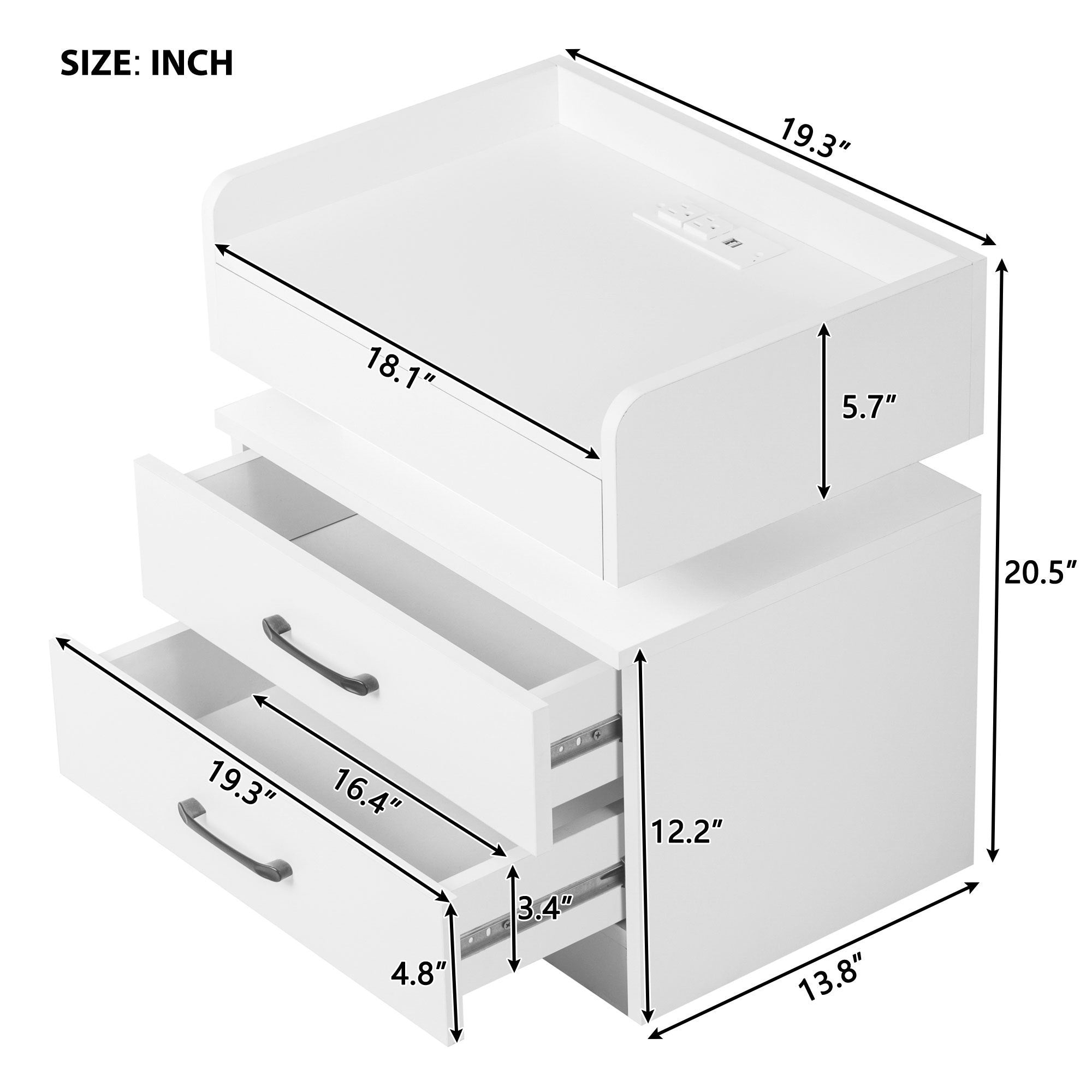 Nightstand with 2 Drawers,USB Charging Ports and Remote Control LED Light-White