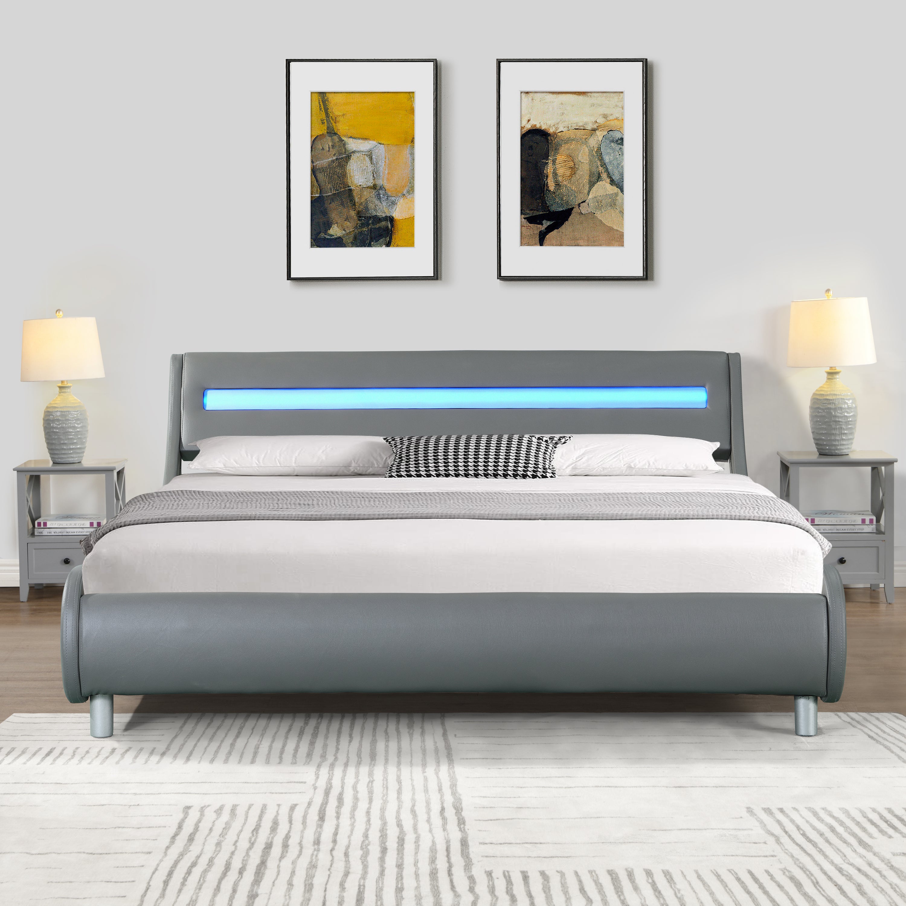 Faux Leather Upholstered Platform Bed Frame with led lighting Curve Design, Wood Slat Support, No Box Spring Needed, Easy Assemble, Queen Size, Gray