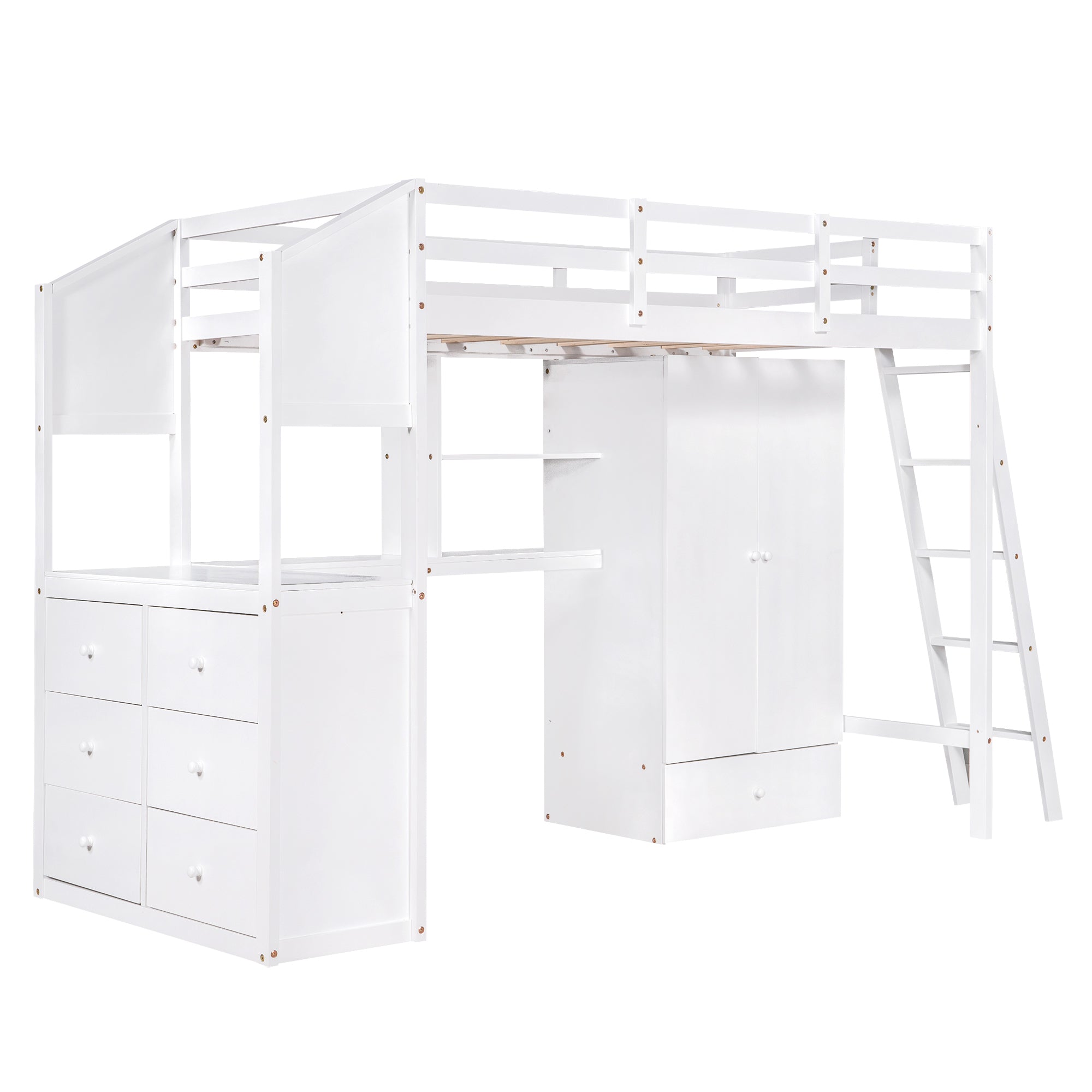 Twin Size Loft Bed with Wardrobe and Drawers, attached Desk with Shelves, White