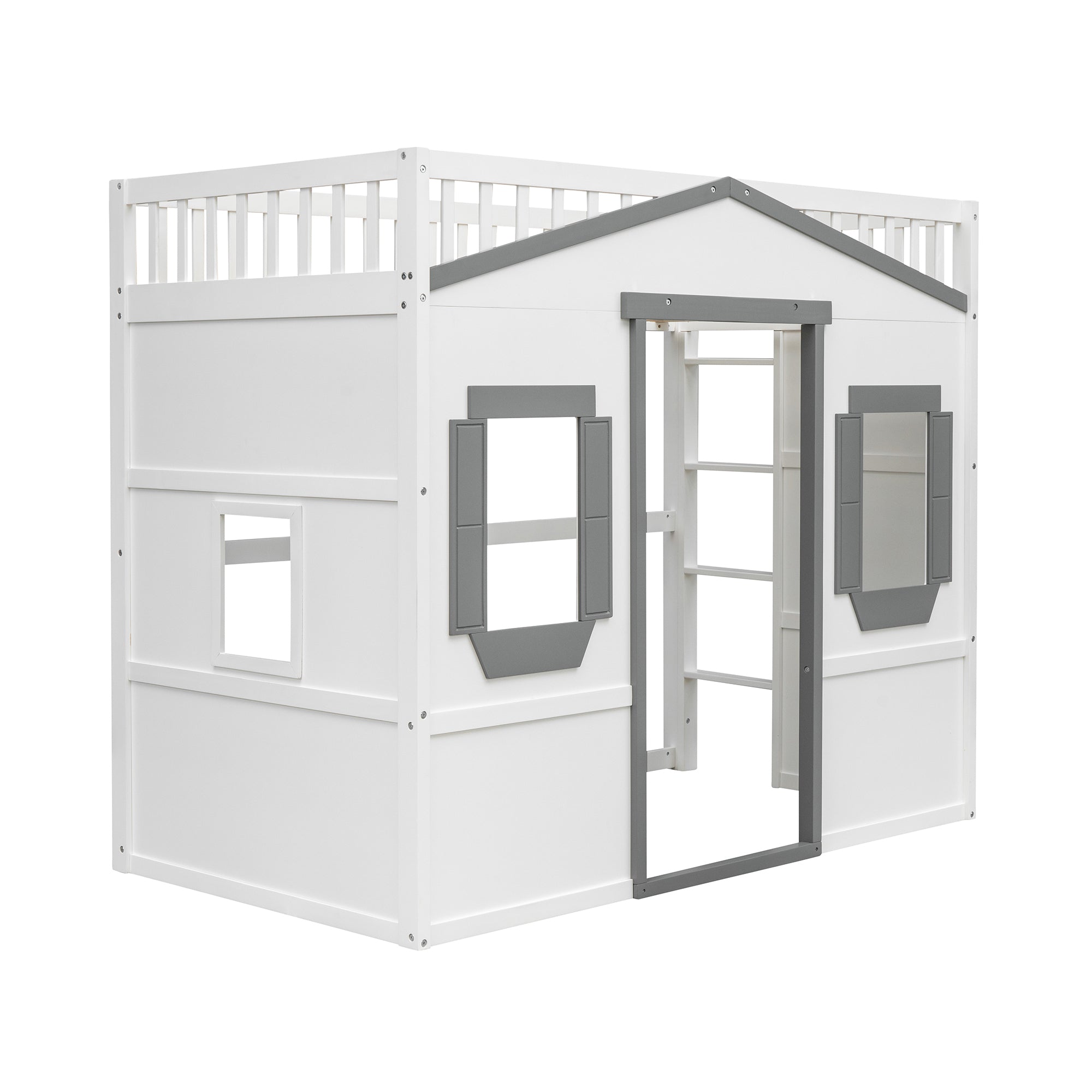 Twin Size House Loft Bed With Ladder-White+Gray Frame