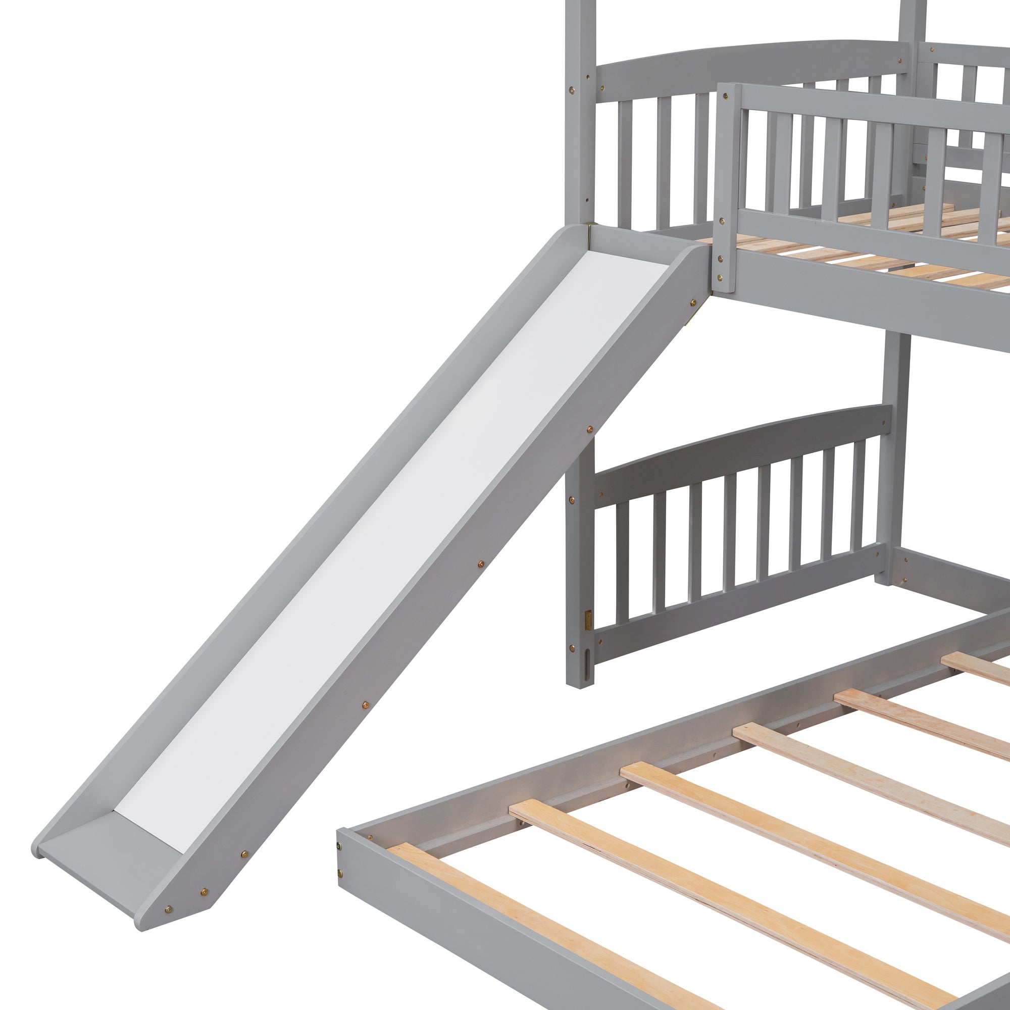 Twin Over Twin Bunk Bed with Slide, House Bed with Slide, Gray(OLD SKU: LT000214AAE)