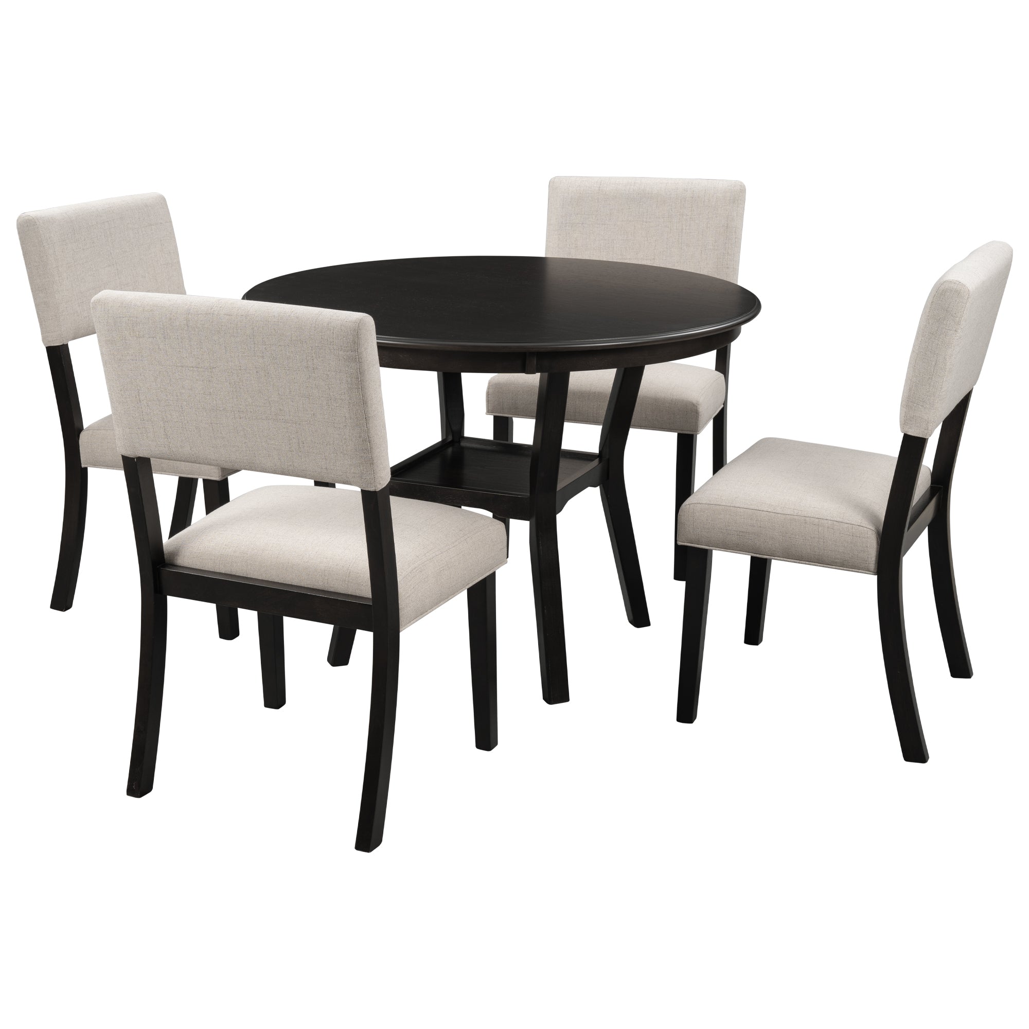 TREXM 5-Piece Kitchen Dining Table Set Round Table with Bottom Shelf, 4 Upholstered Chairs for Dining Room（Espresso）