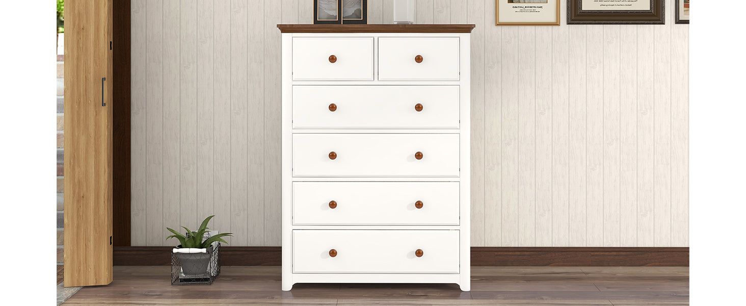 Rustic Wooden Chest with 6 Drawers,Storage Cabinet for Bedroom,White+Walnut