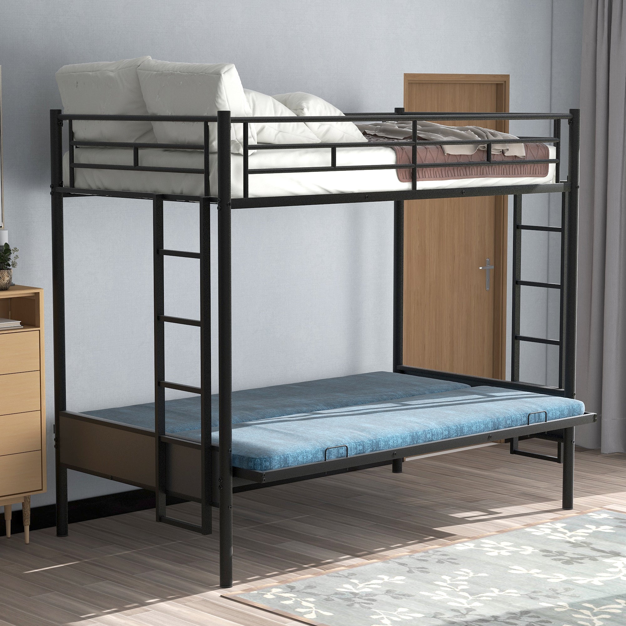 Twin over Full Metal Bunk Bed, Multi-Function,Black(OLD SKU:MF193079AAB)