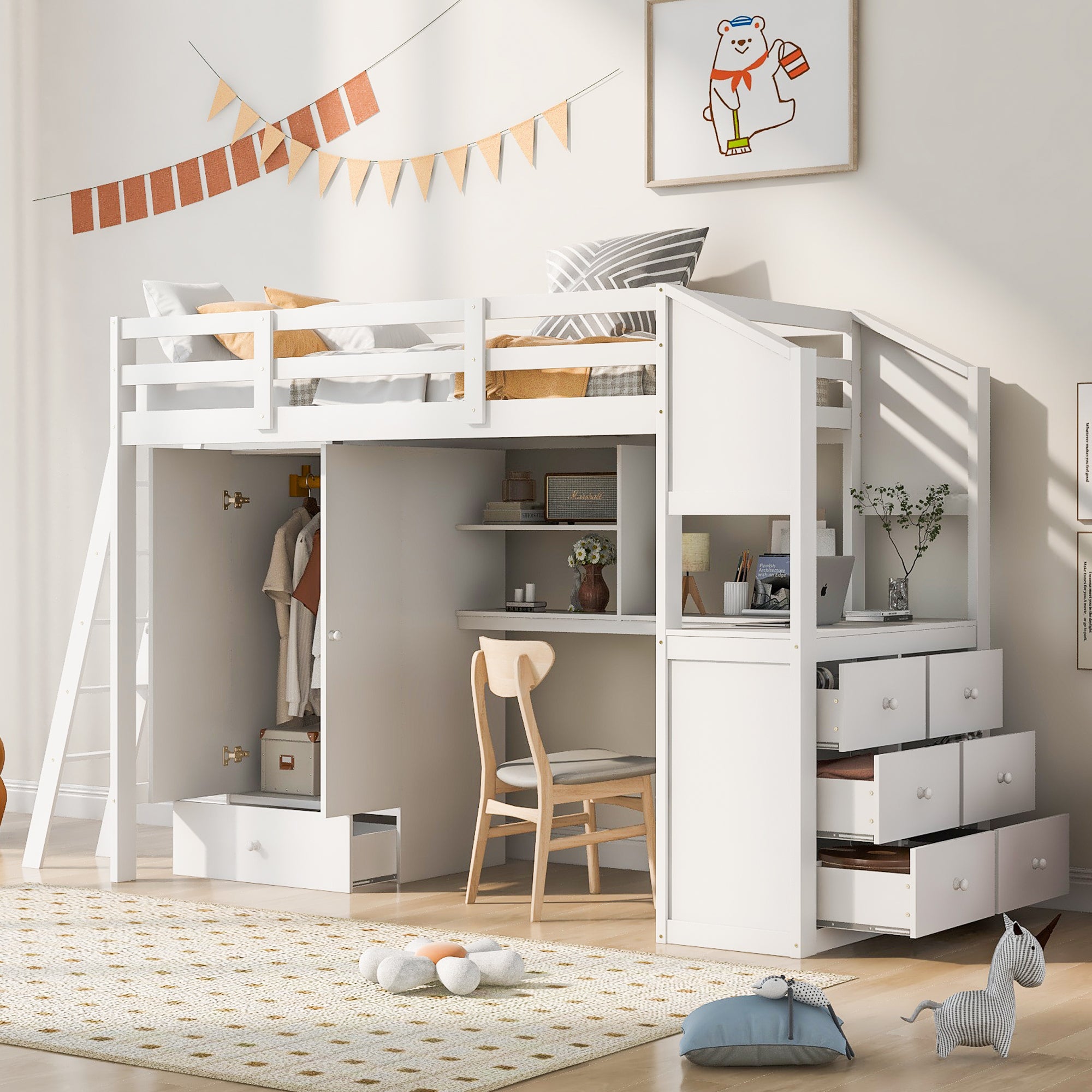 Twin Size Loft Bed with Wardrobe and Drawers, attached Desk with Shelves, White