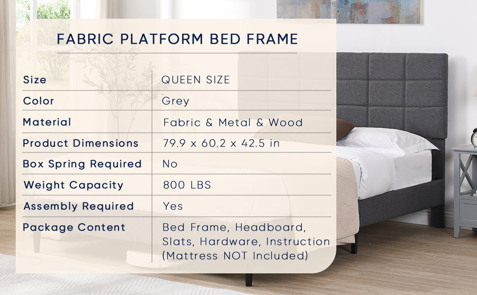 Queen Size Platform Bed Frame with Fabric Upholstered Headboard and Wooden Slats, No Box Spring Needed/Easy Assembly, Gray