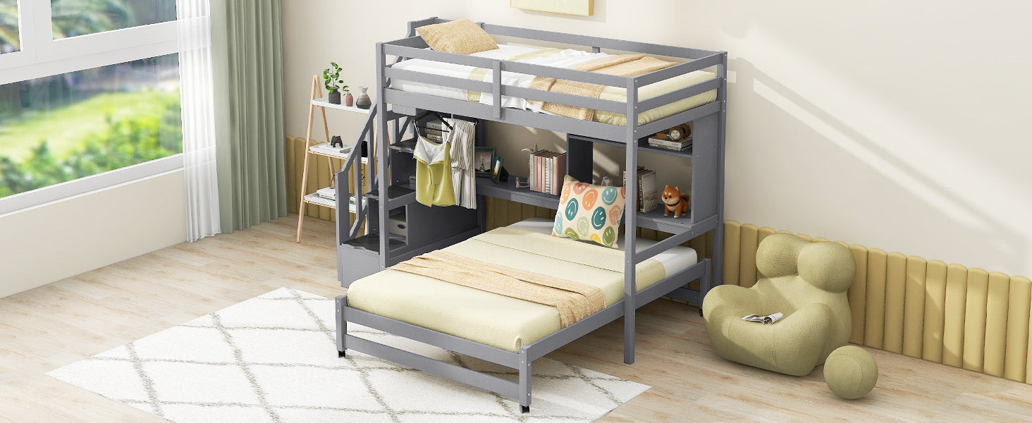 Twin over Full Bunk Bed with Storage Staircase, Desk, Shelves and Hanger for Clothes, Gray