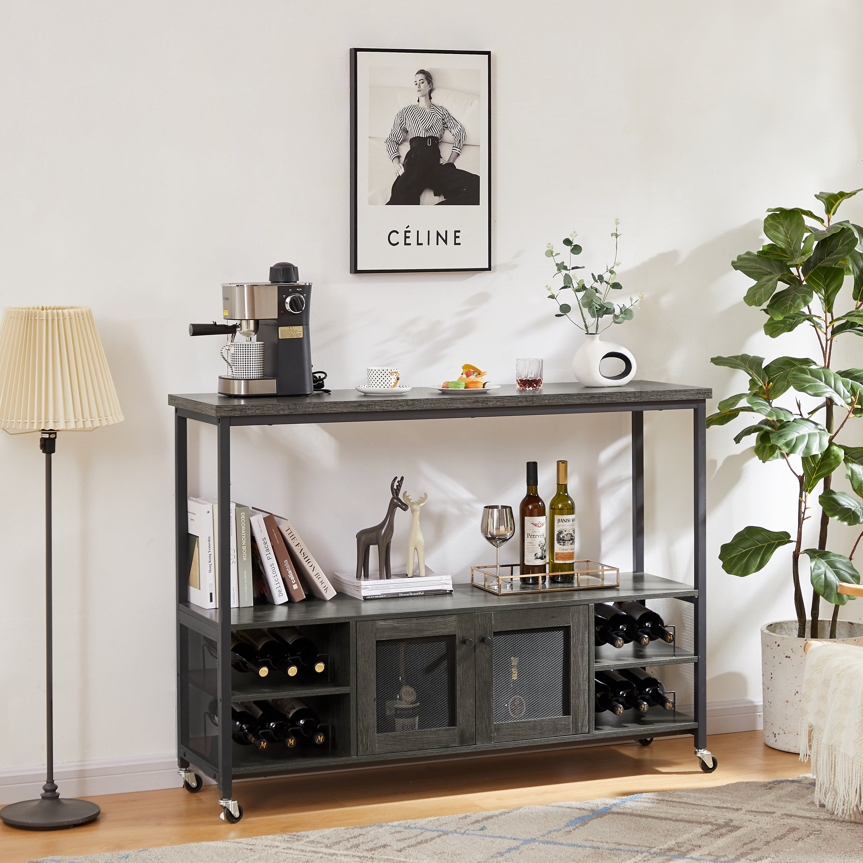 Wine shelf table, modern wine bar cabinet, console table, bar table, TV cabinet, sideboard with storage compartment, can be used in living room, dining room, kitchen, entryway, hallway.Dark Grey.