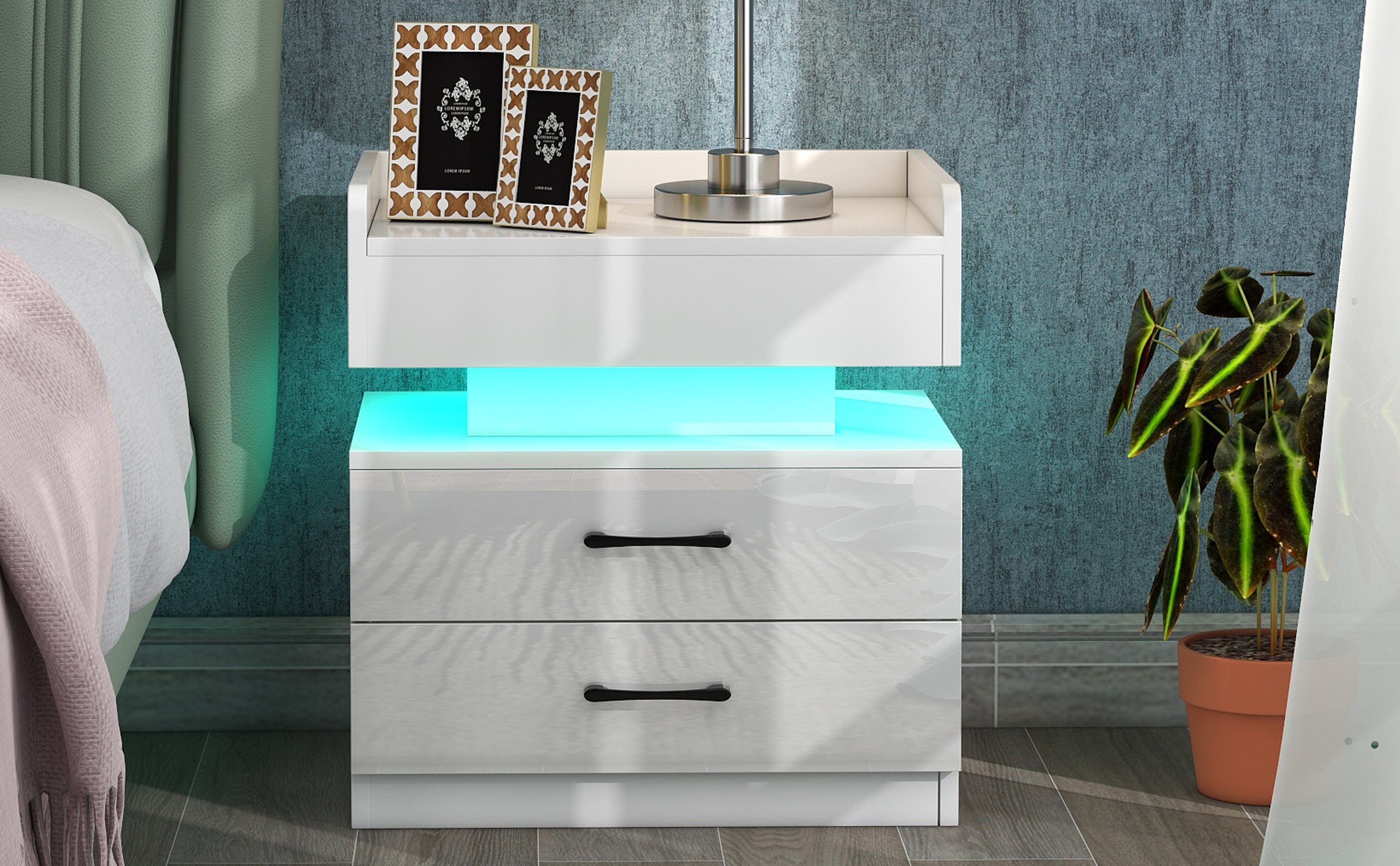 Nightstand with 2 Drawers,USB Charging Ports and Remote Control LED Light-White