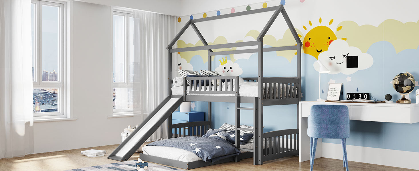 Twin Over Twin Bunk Bed with Slide, House Bed with Slide, Gray(OLD SKU: LT000214AAE)