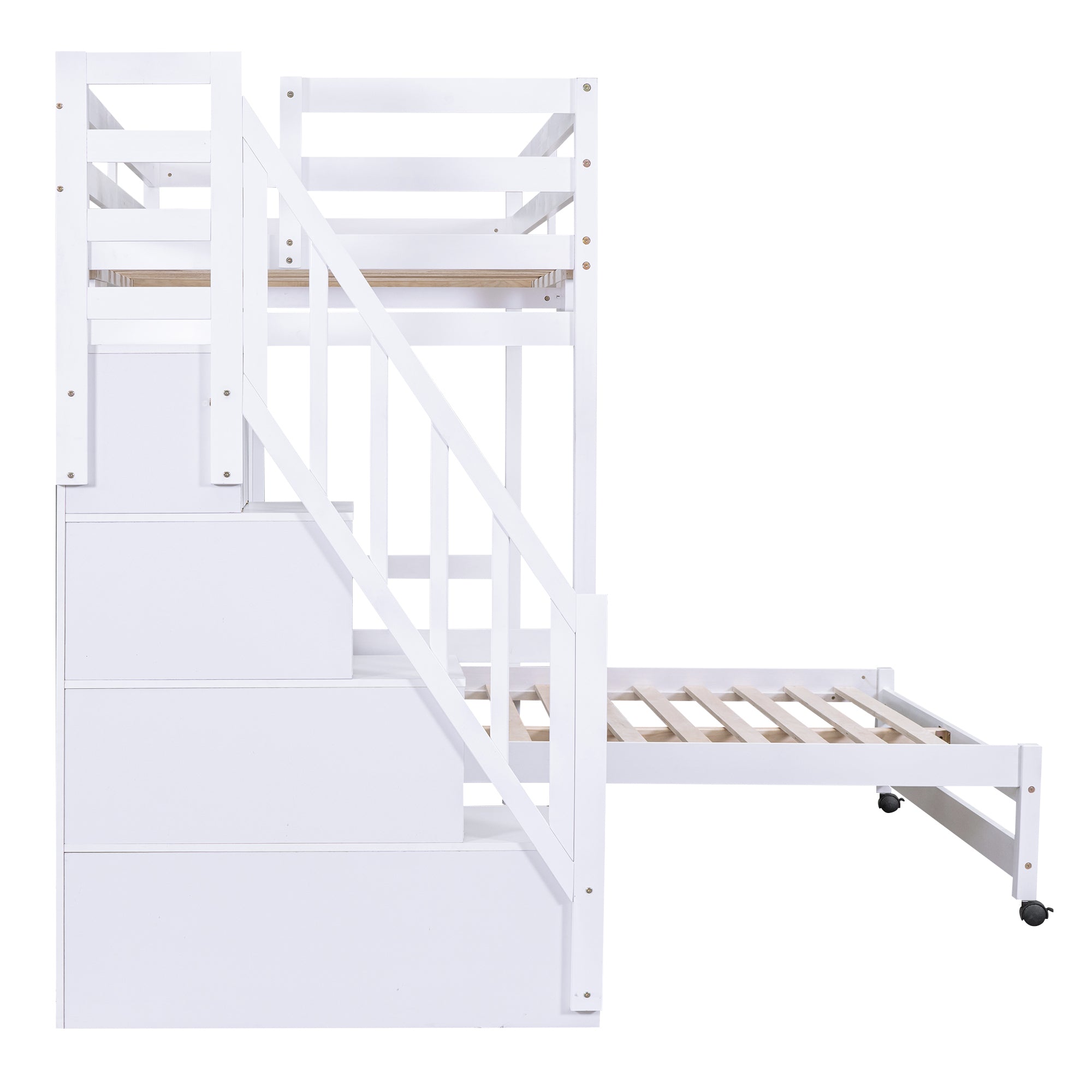 Twin over Full Bunk Bed with Storage Staircase, Desk, Shelves and Hanger for Clothes, White