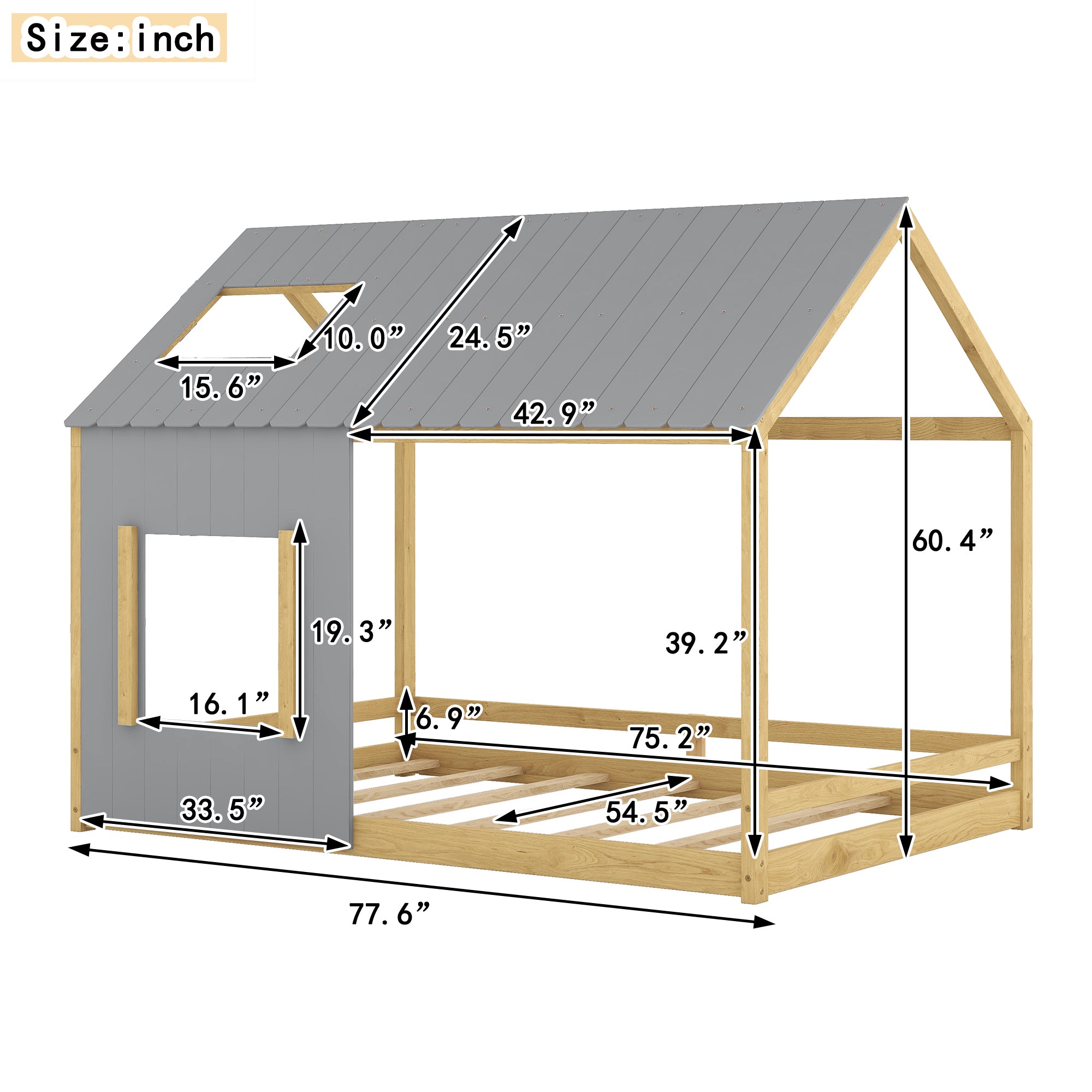 Full Size House Bed with Roof and Window - Gray+Natural