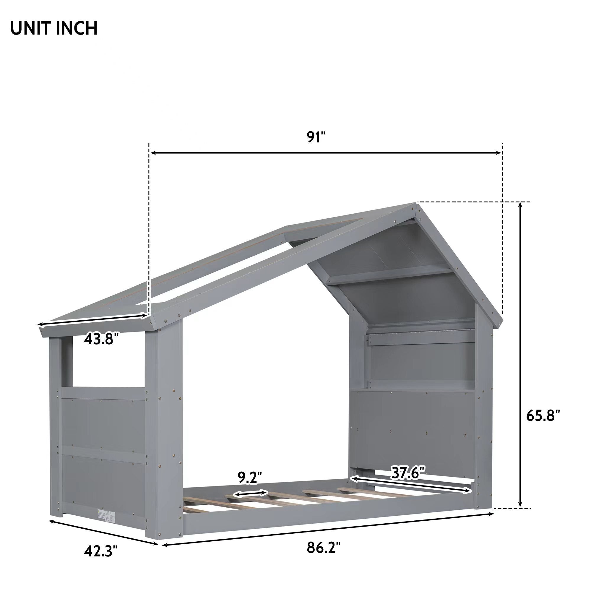 Twin House Floor Bed with Roof Window, LED Light,Gray