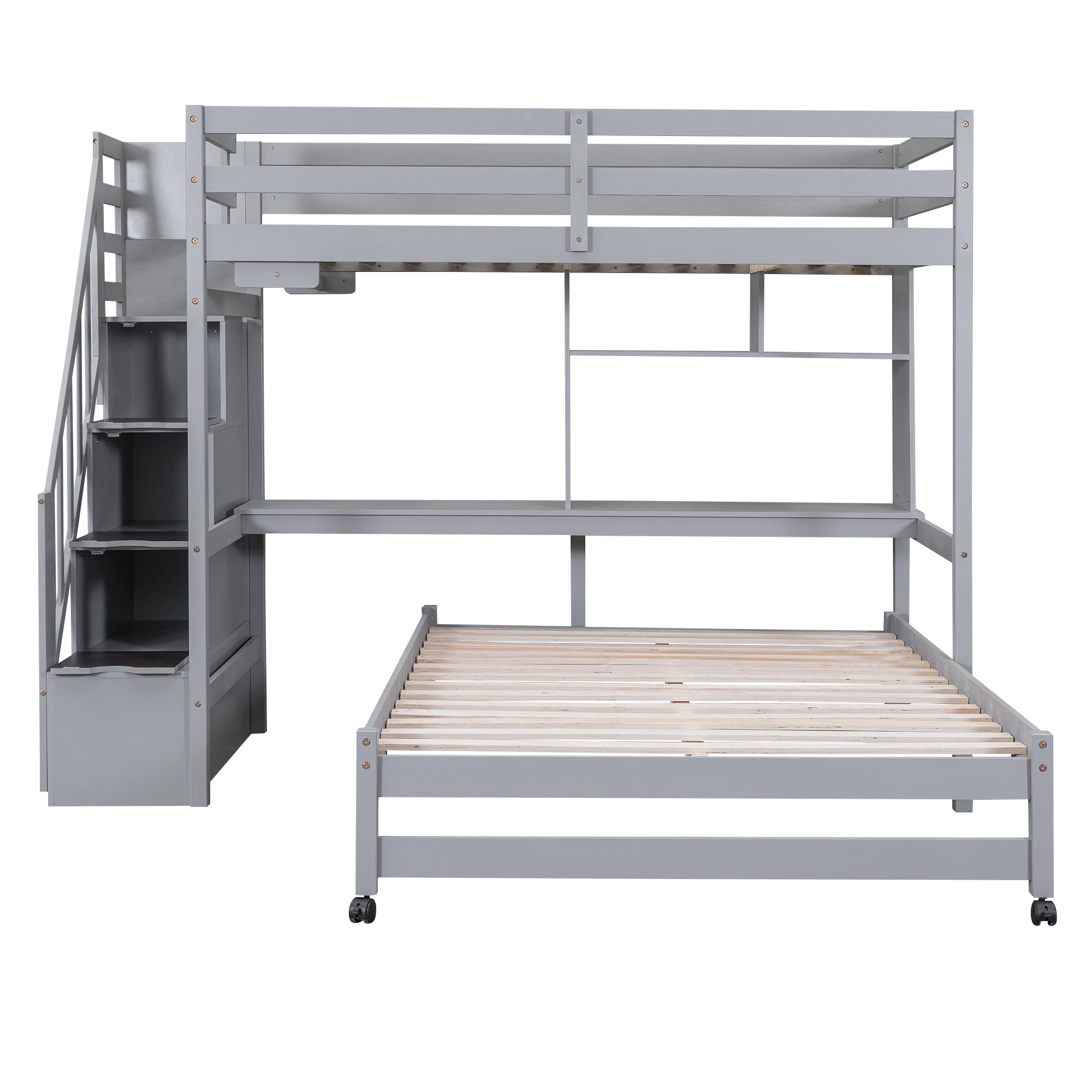 Twin over Full Bunk Bed with Storage Staircase, Desk, Shelves and Hanger for Clothes, Gray