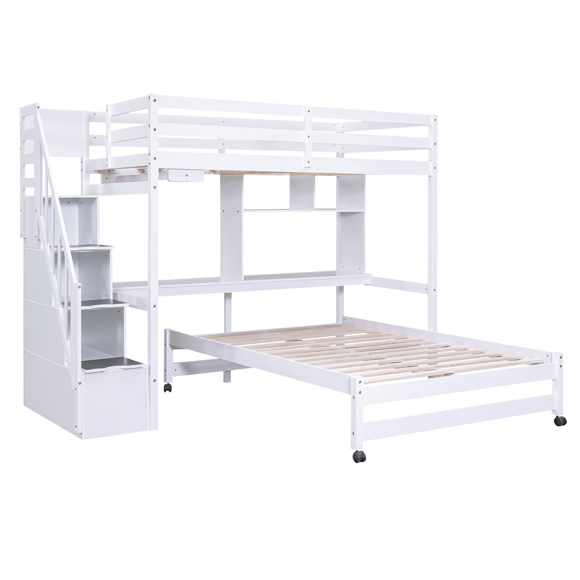 Twin over Full Bunk Bed with Storage Staircase, Desk, Shelves and Hanger for Clothes, White