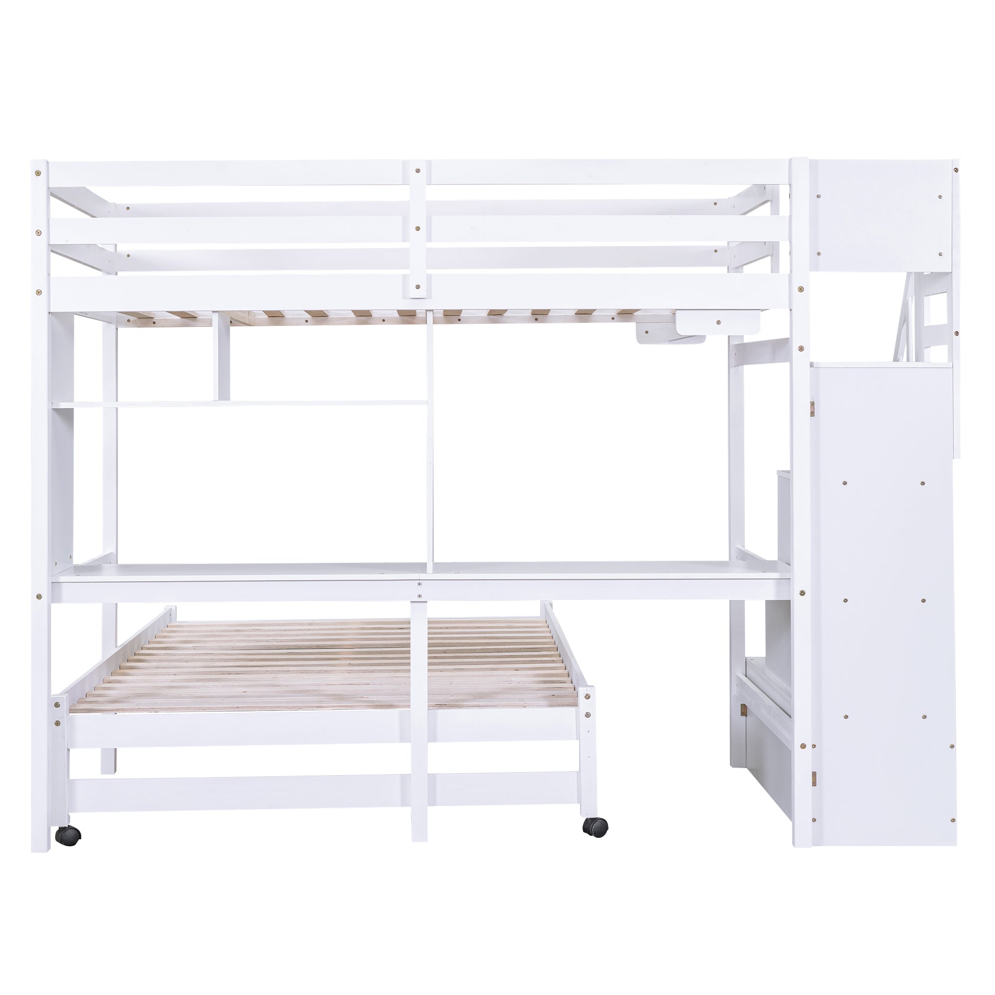 Twin over Full Bunk Bed with Storage Staircase, Desk, Shelves and Hanger for Clothes, White