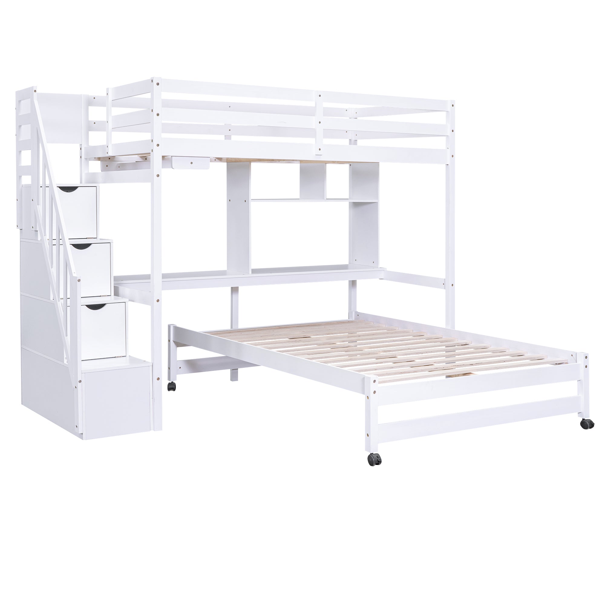 Twin over Full Bunk Bed with Storage Staircase, Desk, Shelves and Hanger for Clothes, White