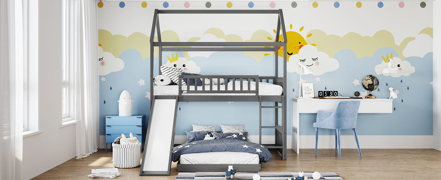 Twin Over Twin Bunk Bed with Slide, House Bed with Slide, Gray(OLD SKU: LT000214AAE)