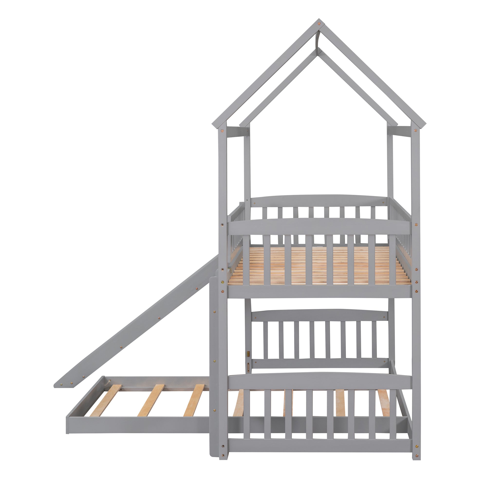 Twin Over Twin Bunk Bed with Slide, House Bed with Slide, Gray(OLD SKU: LT000214AAE)