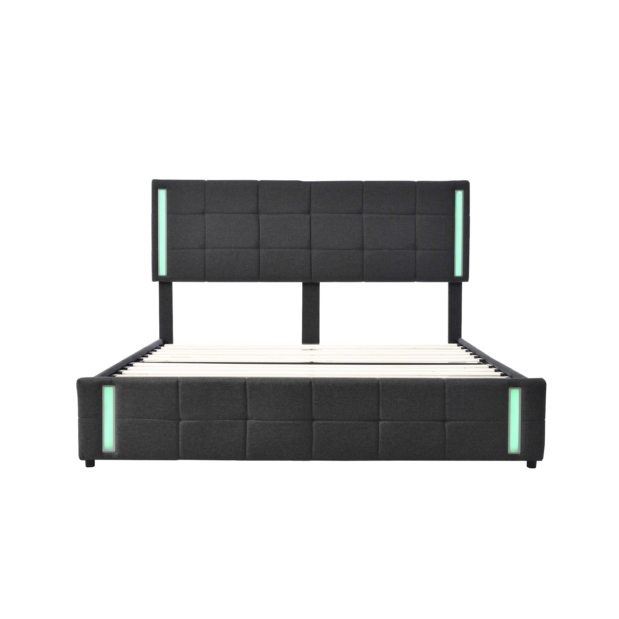 Queen Size Upholstered Platform Bed with LED Lights and USB Charging, Storage Bed with 4 Drawers, Dark Gray